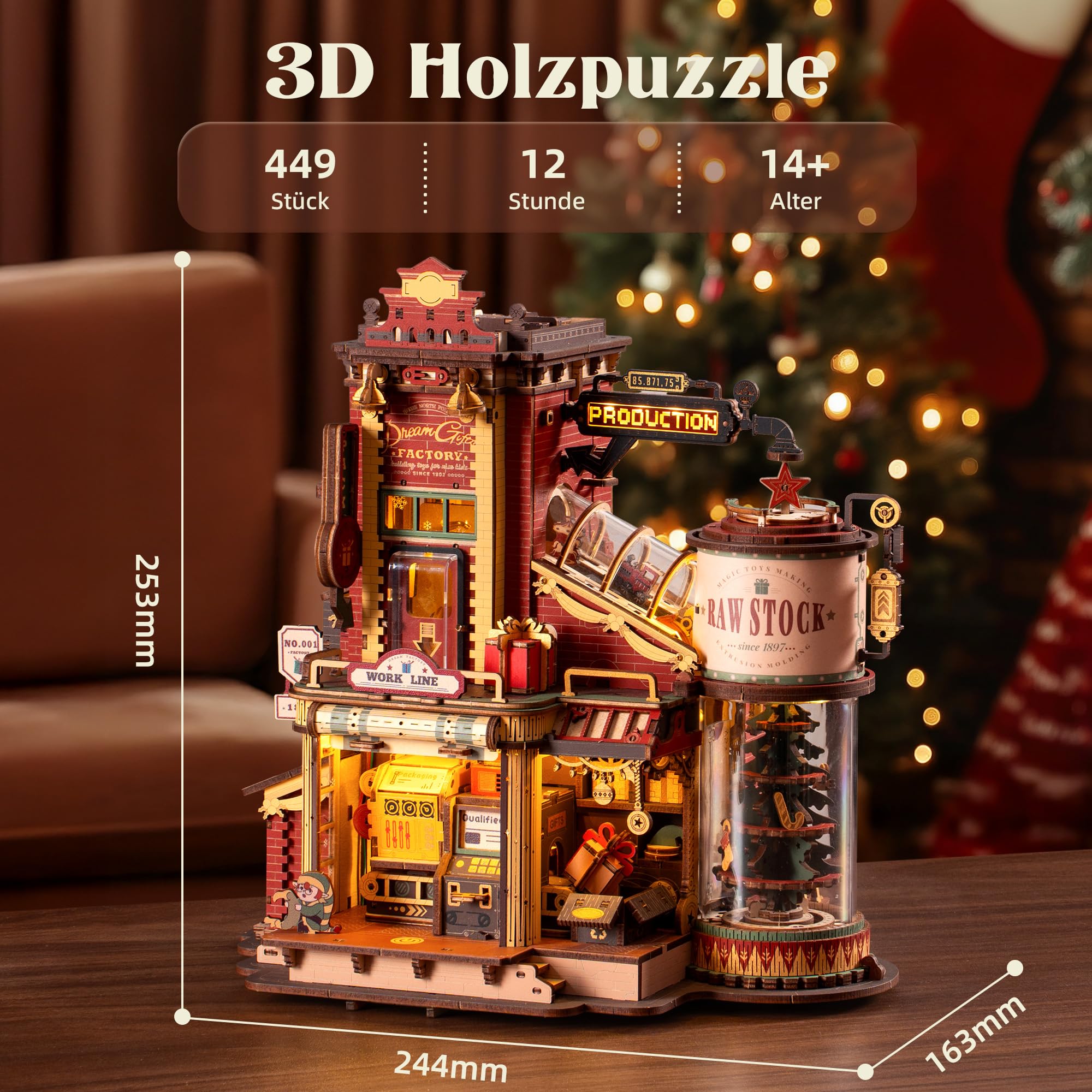 ROBOTIME 3D Holzpuzzle Geschenkfabrik Bausatz – Mechanisches Modell mit Musik & LED Licht, Retro Vintage Bastelset für Erwachsene & Jugendliche, EAB01