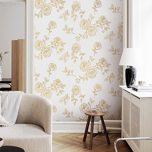 Miniatura 7 de Yun-aeon Papel tapiz floral dorado y blanco de 17.3 x 160 pulgadas, moderno papel de contacto geométrico extraíble, papel tapiz autoadhesivo para