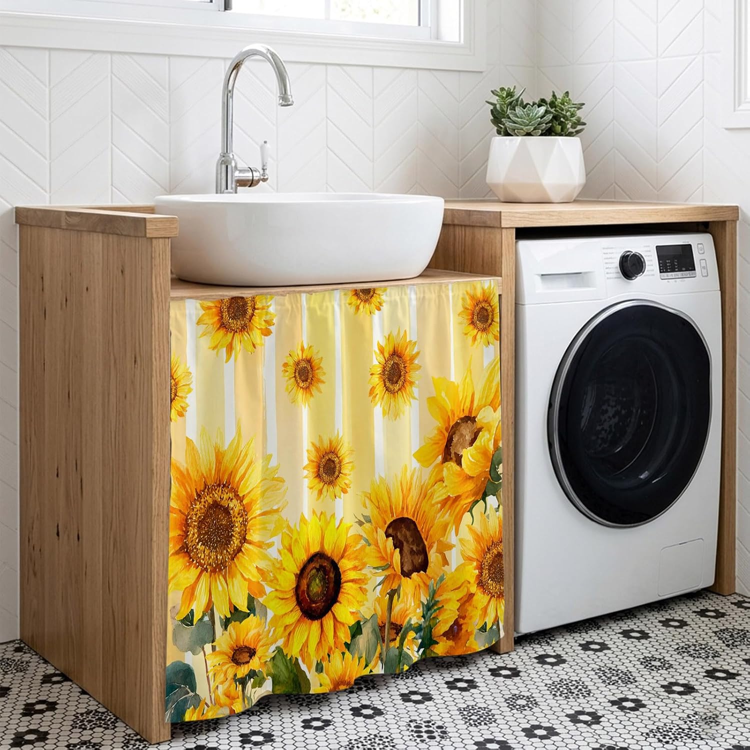 Cabinet Curtains 35x35inch Sink Skirt, Summer Sunflower Yellow Stripe Desk Skirt for Kitchen Bathroom Shelves, Pastoral Green Leaves Privacy Cabinet Curtain Self Stick Adhesive Under Sink Skirts