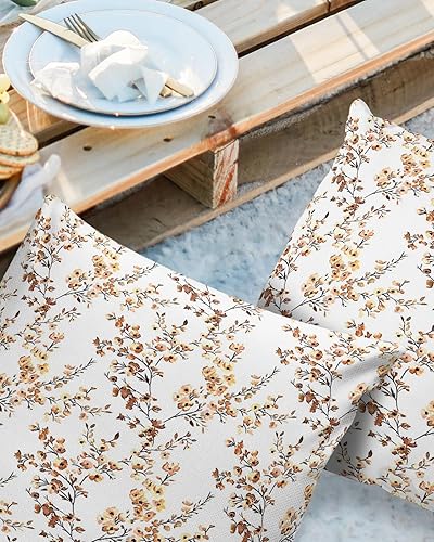 Miniatura 2 de Paquete de 2 fundas de almohada cuadradas de 18 x 18 pulgadas, funda de cojín impermeable con textura floral amarilla y marrón para sofá,