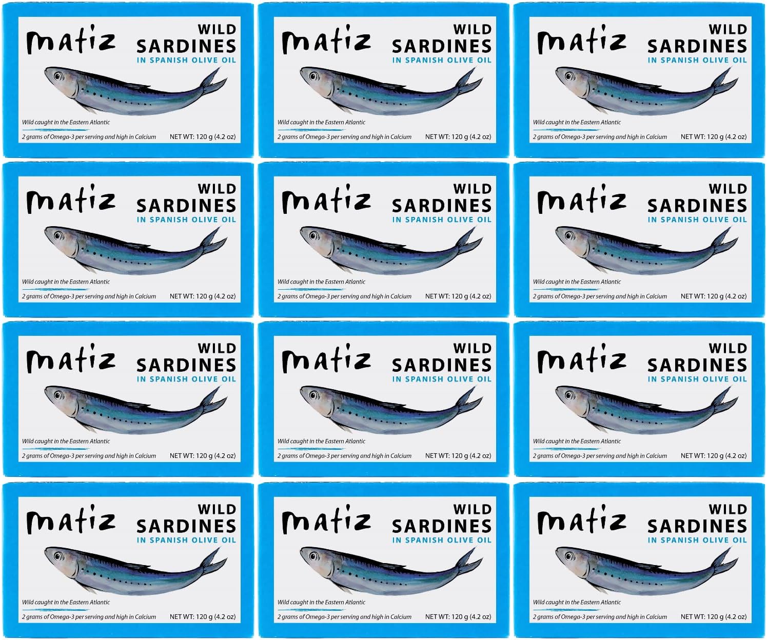 Sardines in Olive Oil, 4.2 Ounce Can (Pack of 12) Spanish Gourmet Wild Caught Natural Fish for Tapas, Snacks, or Meals, Protein Rich, Sealed Freshness