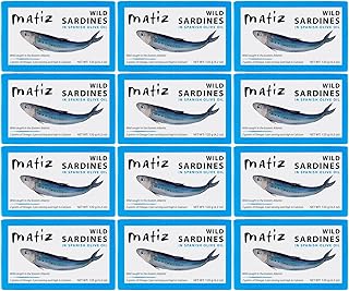 Matiz Sardines in Olive Oil, 4.2 Ounce Can (Pack of 12) Spanish Gourmet Wild Caught Natural Fish for Tapas, Snacks, or Meals, Protein Rich, Sealed Freshness