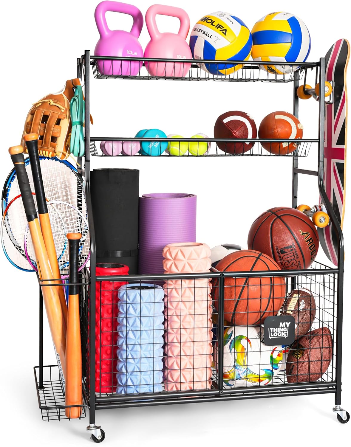 Mythinglogic Sports Equipment Garage Organizer,Garage Ball Storage for Sports Gear and Toys, Rolling Ball Cart with Wheels for Indoor/Outdoor Use Mythinglogic Sports Equipment Garage Organizer,Garage Ball Storage for Sports Gear and Toys, Rolling Ball Cart with Wheels for Indoor/Outdoor Use