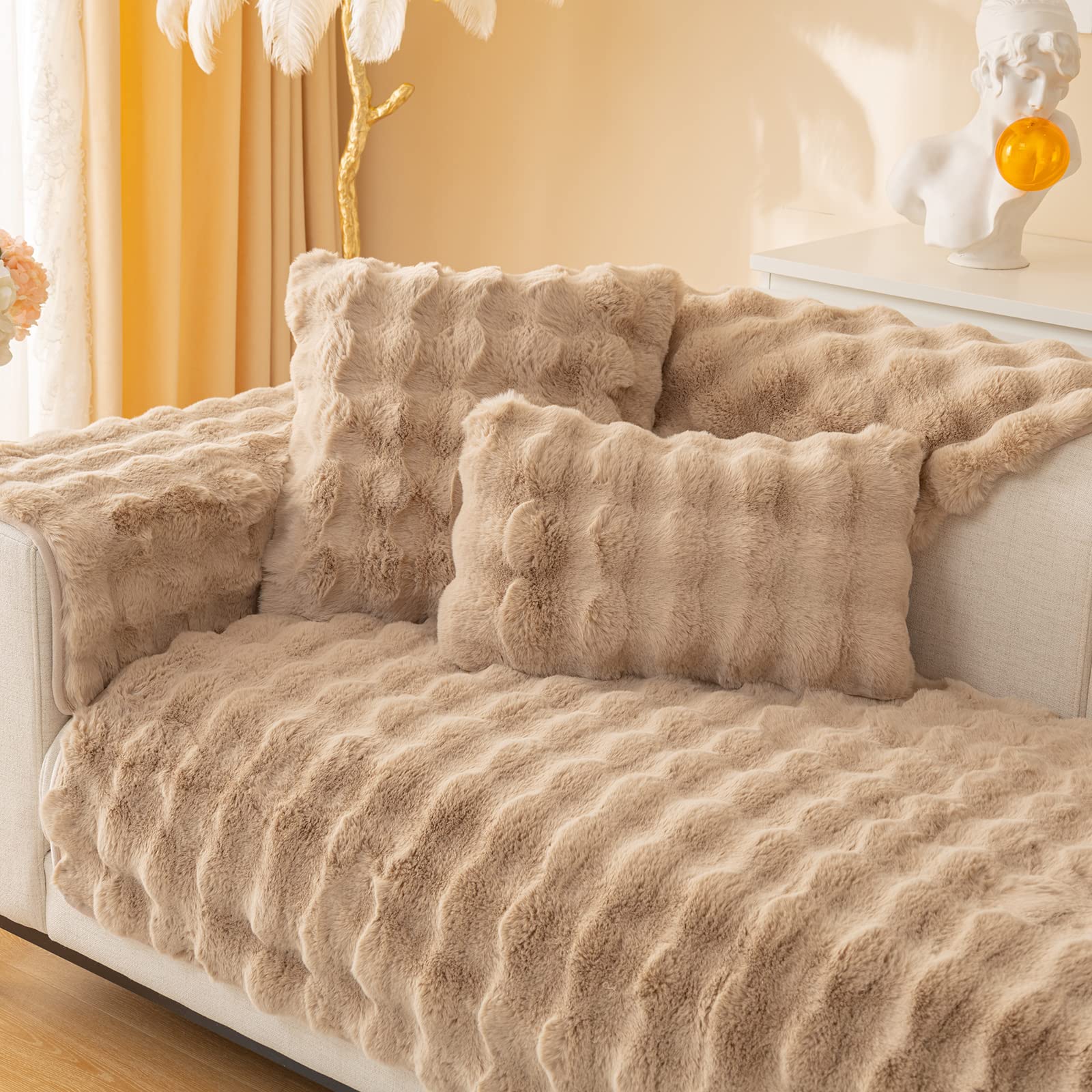 Topchances Soft Plush Sofa Cover - New Non-Slip Sofa Covers 1 2 3 Seater, Rabbit Faux Fur Couch Covers, Fluffy Couch Cover, Sofa Cover L Shape Furniture Protector for Living Room (Light Coffee,70x150) — view 15