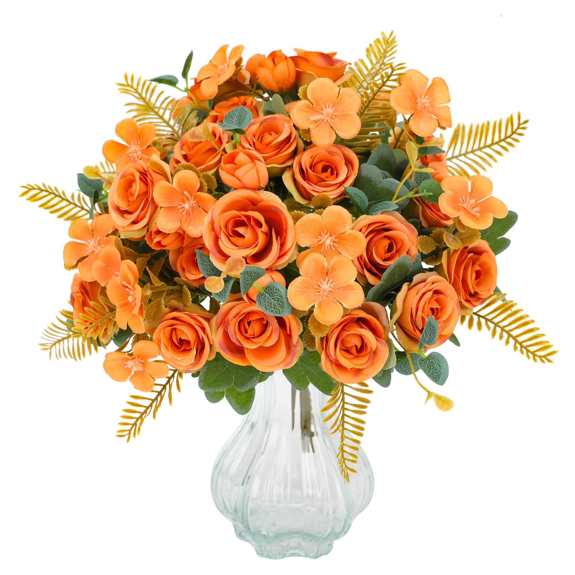 Floweroyal 4 racimos de flores artificiales de rosas, flores de color naranja quemado, ramos de rosas falsas para centros de mesa de fiesta de boda, arreglos florales, decoración del hogar y la cocina