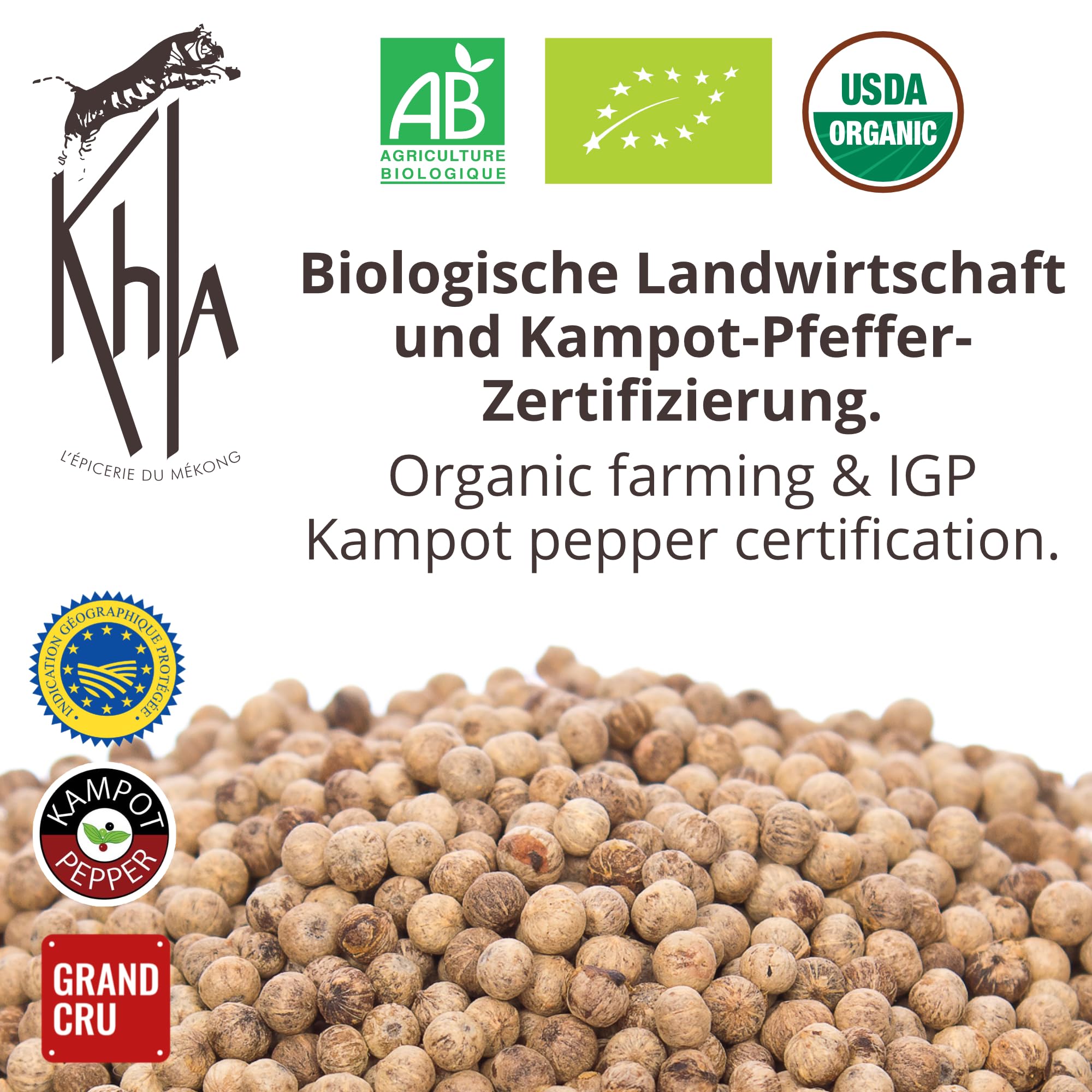 Khla - Kampot Pfeffer Weiß Bio 200g - Weißer Pfefferkörner Ganz Biologisch - Grand Cru, Stark & Kräftig - Zutat Küchen - Direkt vom Erzeuger - Weiße Körner Ganze für Mühle - Aus Kambodscha