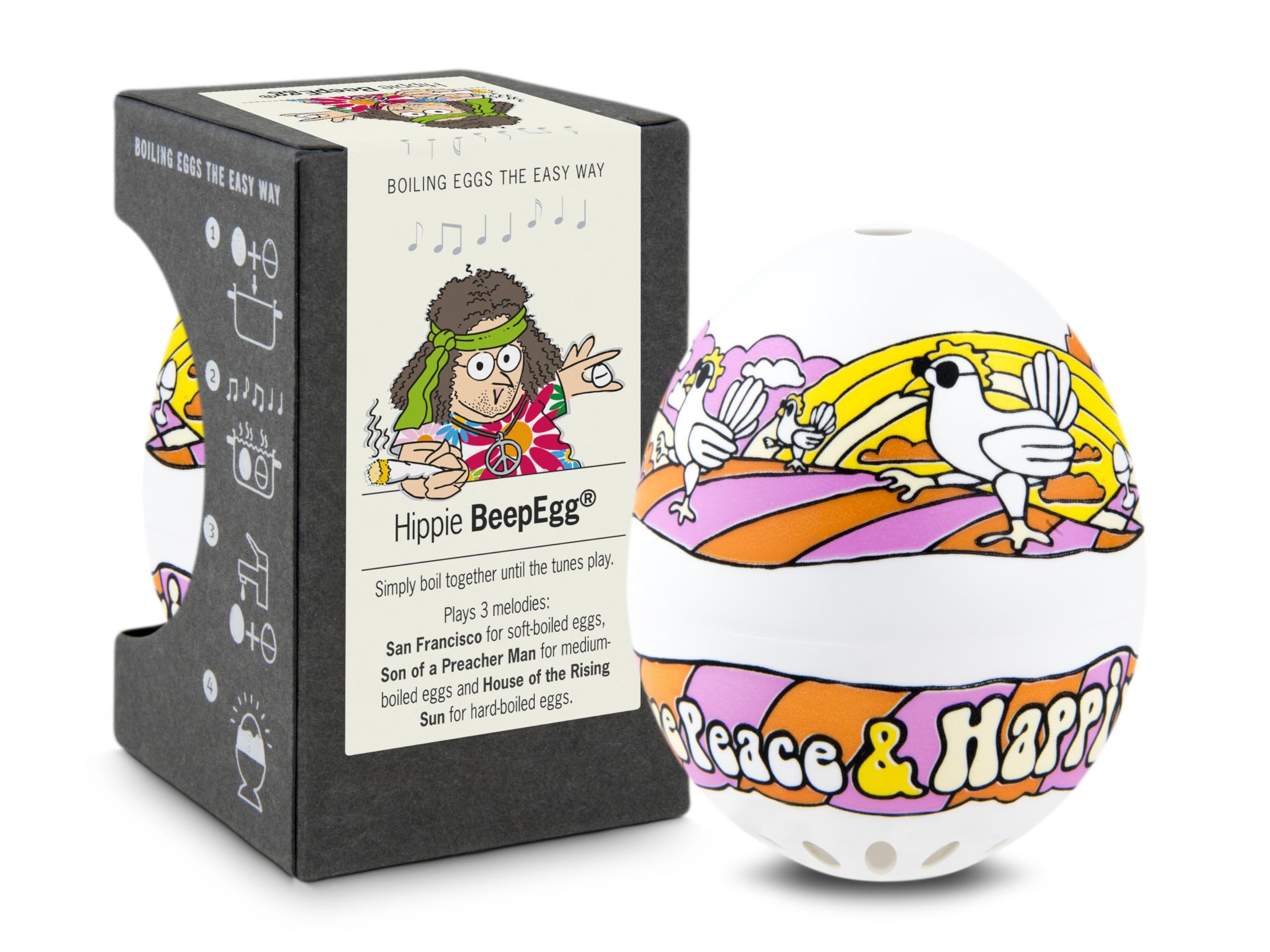 Hippie BeepEgg – Egg Timer for Boiling Eggs – Musical Egg Cooker for Soft, Medium, Hard Boiled Eggs – Food Safe – Singing Floating Egg Timer – Egg Cooker for 3 Levels of Doneness - Brainstream