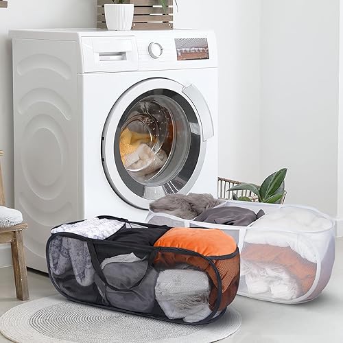 Miniatura 4 de Cesto de lavandería desplegable de 3 piezas, cesta de malla plegable, 2 compartimentos, cestas plegables de malla para lavandería, bolsa plegable