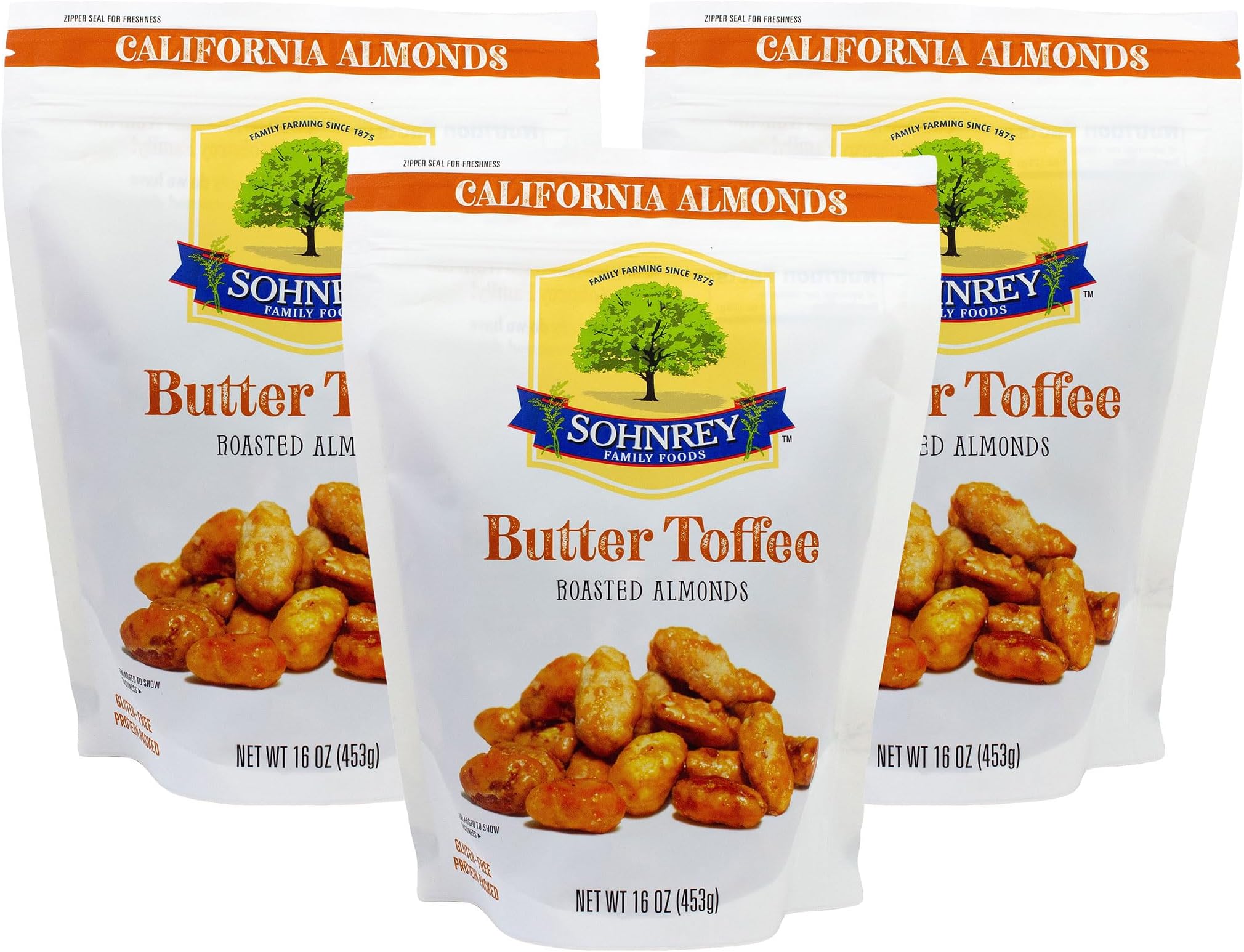 Butter Toffee Almonds Fresh Gourmet Sweet and Salty Crunch (16 oz) Resealable Bag from Sohnrey Family Foods (3-Pack (48 oz))