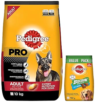 Pedigree PRO Expert Nutrition Active Adult Large Breed Dog (18 Months Onwards), 10kg Pack & Pedigree All Life Stages Biscrok Dry Dog Biscuits (Above 4 Months), Chicken Flavor, 900g Pack