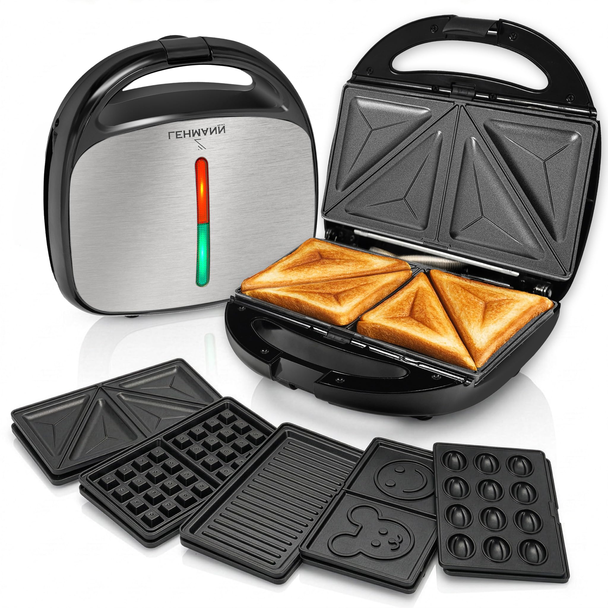 Lehmann Sandwichmaker 5 en 1 avec différentes formes | Gaufrier, grill contact, panini, sandwich, gâteaux sucrés | Comprend 5 ensembles de plaques antiadhésives | 800 W