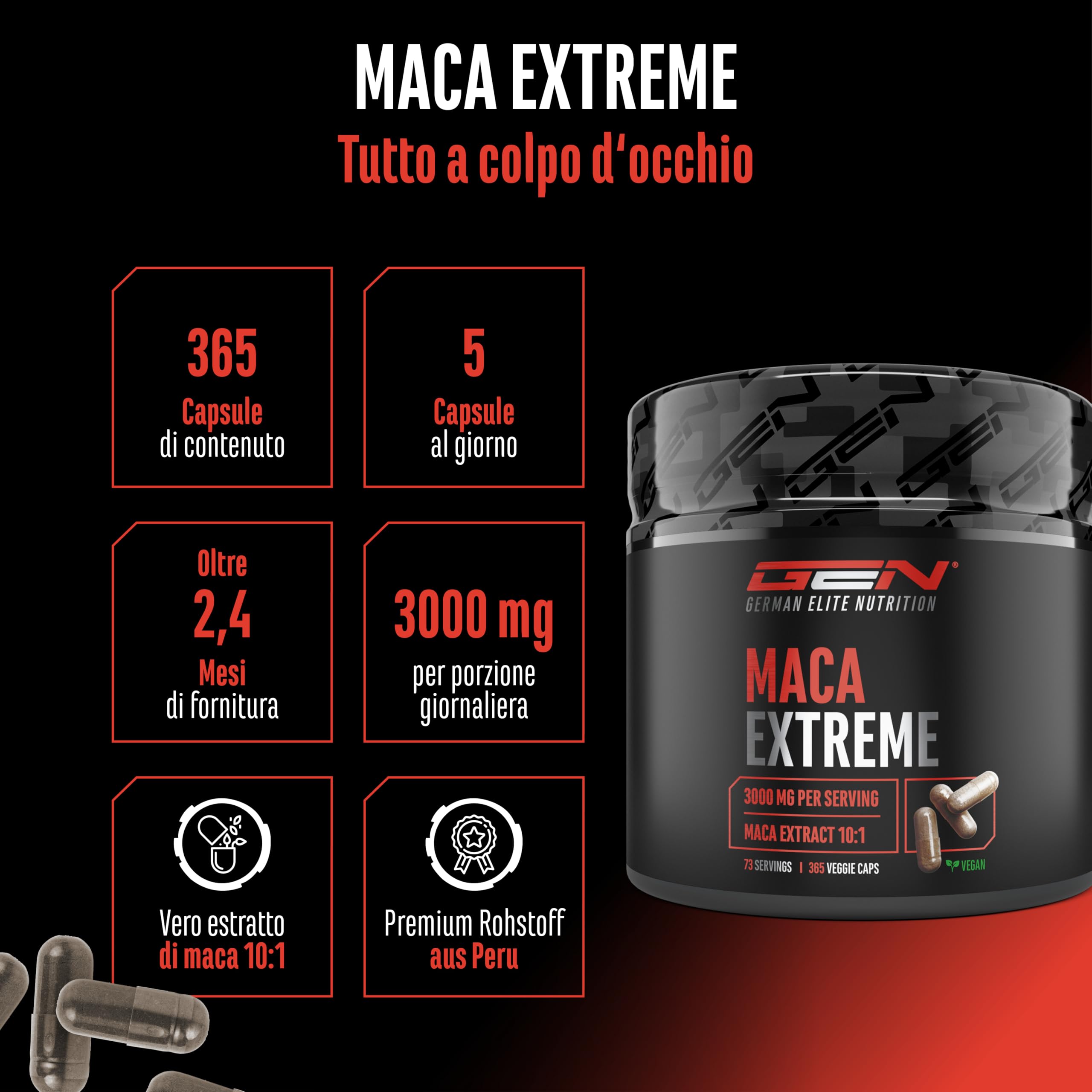 Maca Capsules Extreme - 365 capsule - Dosaggio elevato con 30.000 mg per dose giornaliera - Estratto speciale 10:1 - Vegan - German Elite Nutrition