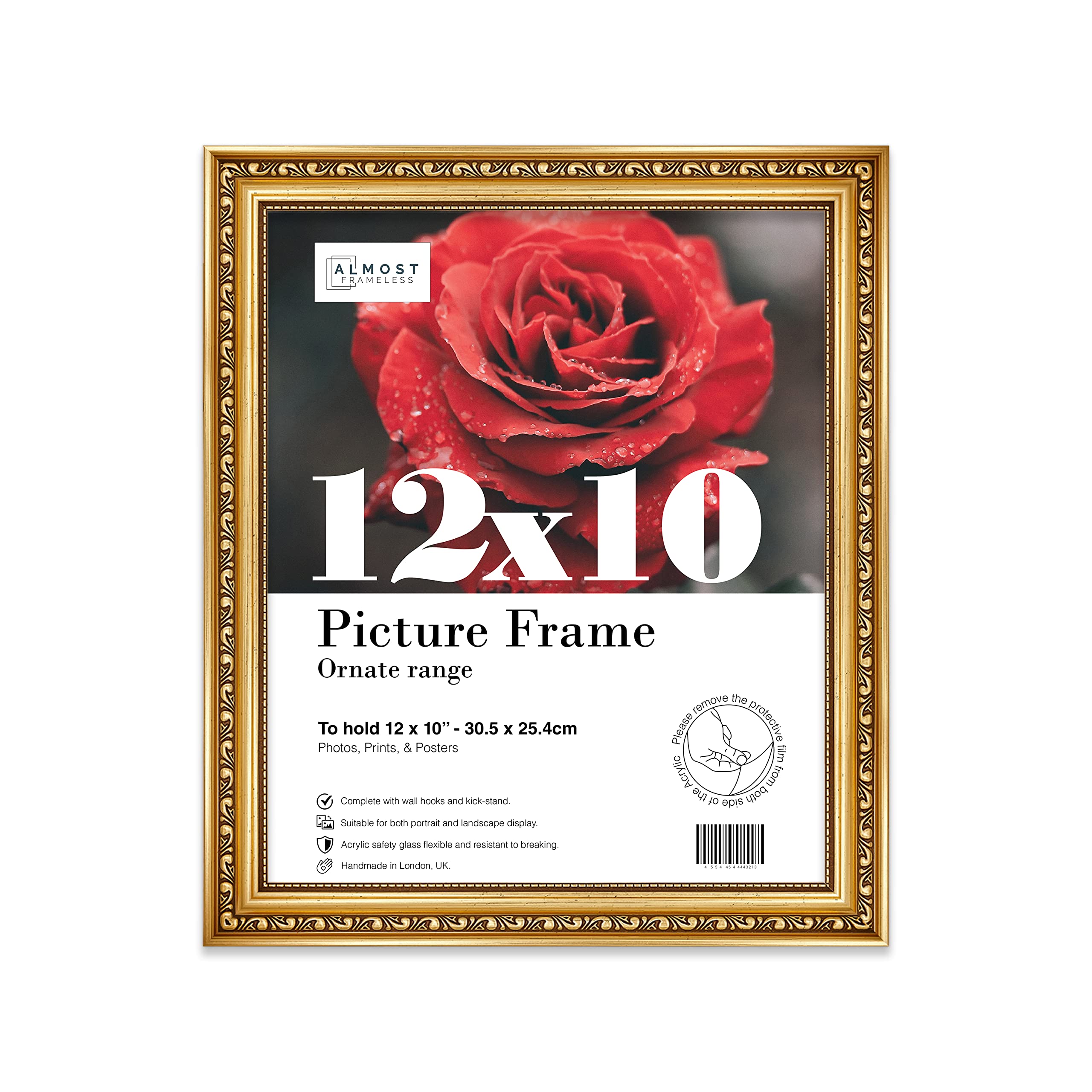 Almost Frameless 12x10 Gold Ornate Picture Frame 12"x10"(30.5x25.4cm) Poster, Photo, Artwork, or Print. Opulent Style Portrait and Landscape Display with Wall Hooks