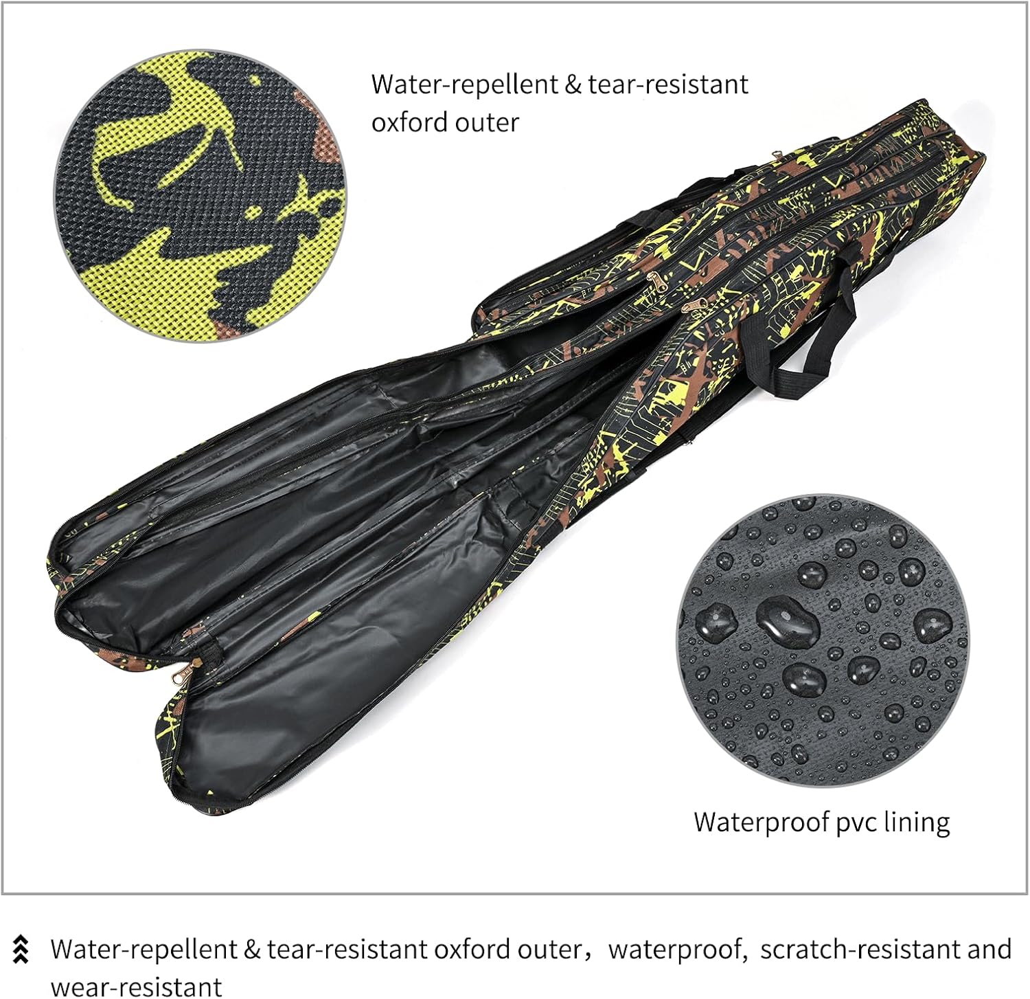 LEOFISHING Portable Folding Fishing Rod Carrier Reel Case Bag 4.27ft/ 4.92ft Oxford Fish Pole Tools Soft Case Pro Gear Tackle Storage Bag for Shoulders Handles (Yello Camouflage, 150cm/4.92ft)