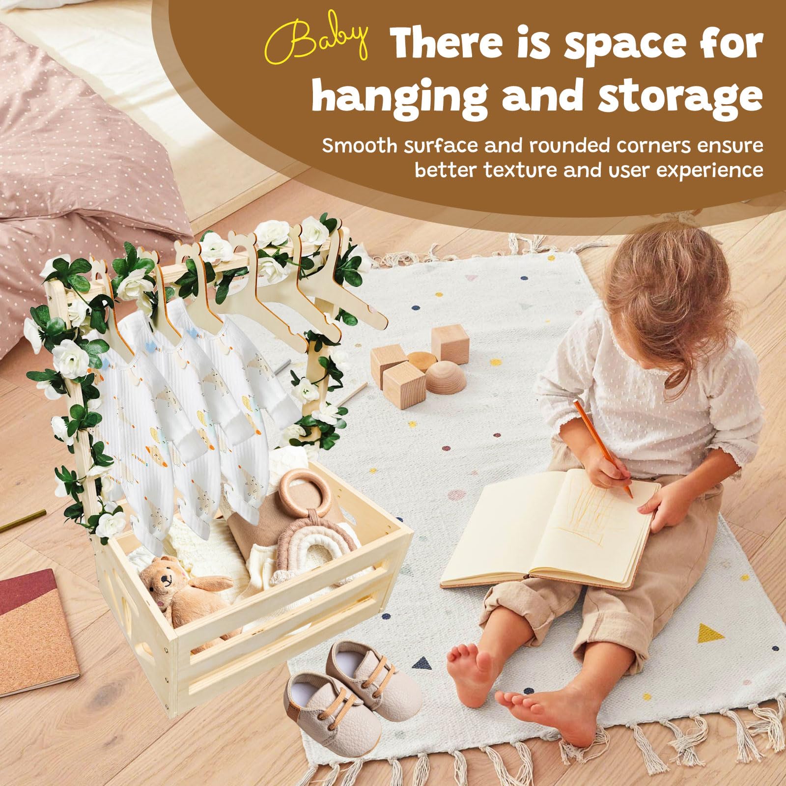 Holz Baby Geschenk Korb mit Griff, Kinder Kleiderbügel und Girlande, Holz Babyparty Schrank, Baby Aufbewahrungskorb,Personalisierte Baby Korb für Schwangere Neue Eltern(Holzfarbe)