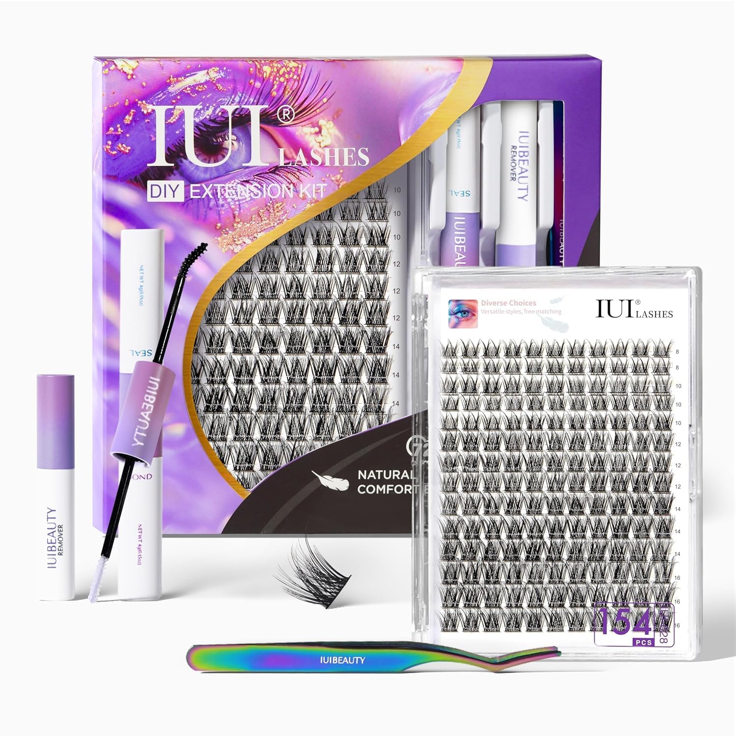 IUI Beauty Lash Clusters Kit Eyelash Clusters Wispy Lash Clusters Natural DIY Lash Extension Kit, 154pcs 0.05mm Thin Band Lashes with Tool Kit – Bond,