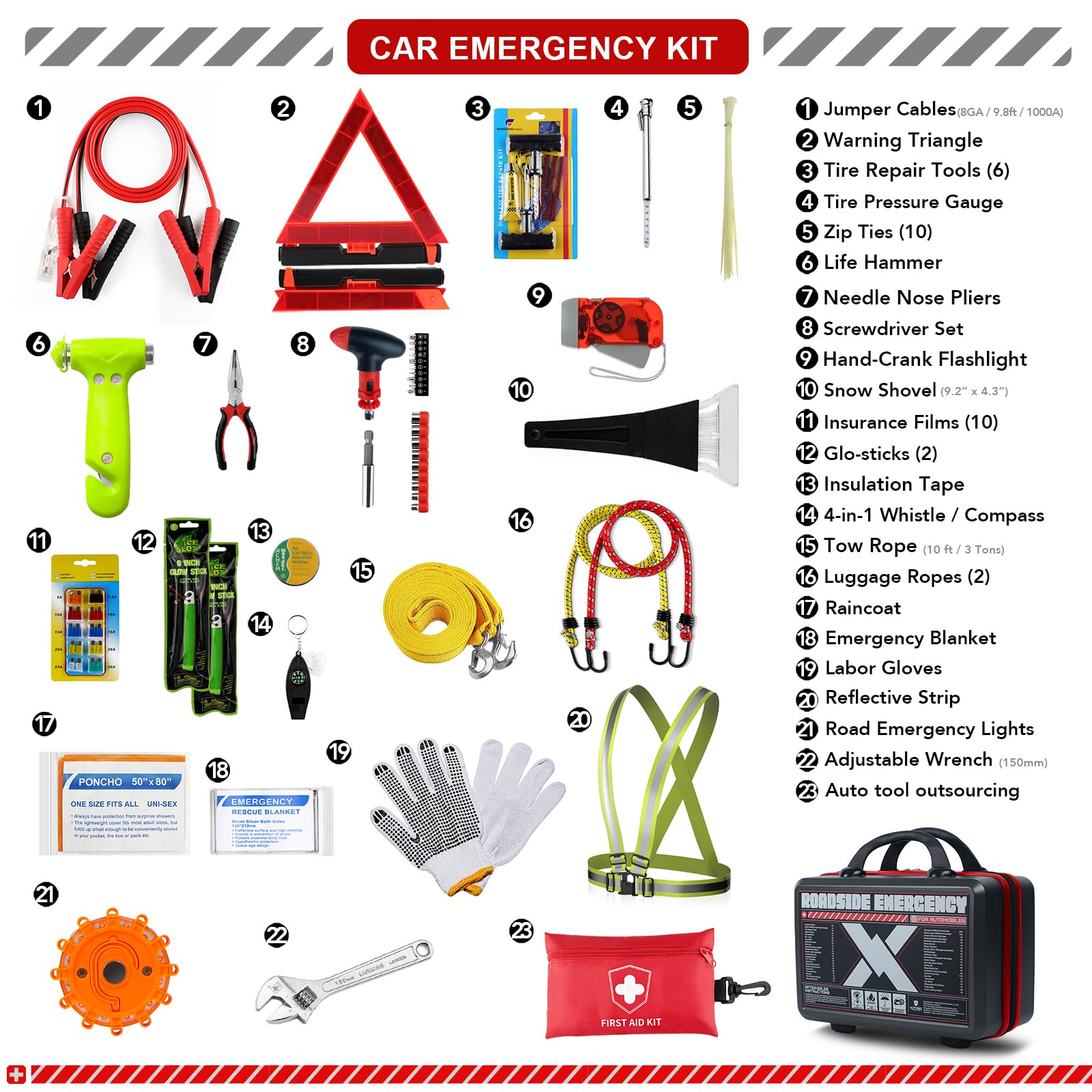 Kitgo Kit di emergenza per auto, accessori di alta qualità con cavi di collegamento, torcia, pala, set di cacciaviti, kit di sicurezza per auto, sopravvivenza, camion, camper e molto altro ancora