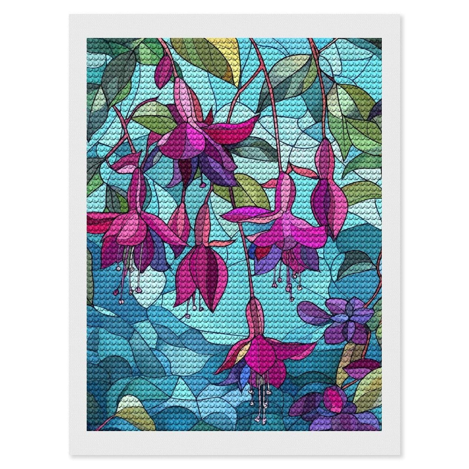 Junmoney Fuchsia Flowers Stained Glass Diamond Painting Kit 12"x16", Thoughtful Handmade Gift, for Creative Relaxation, Printed Canvas, Cosy Home Accent