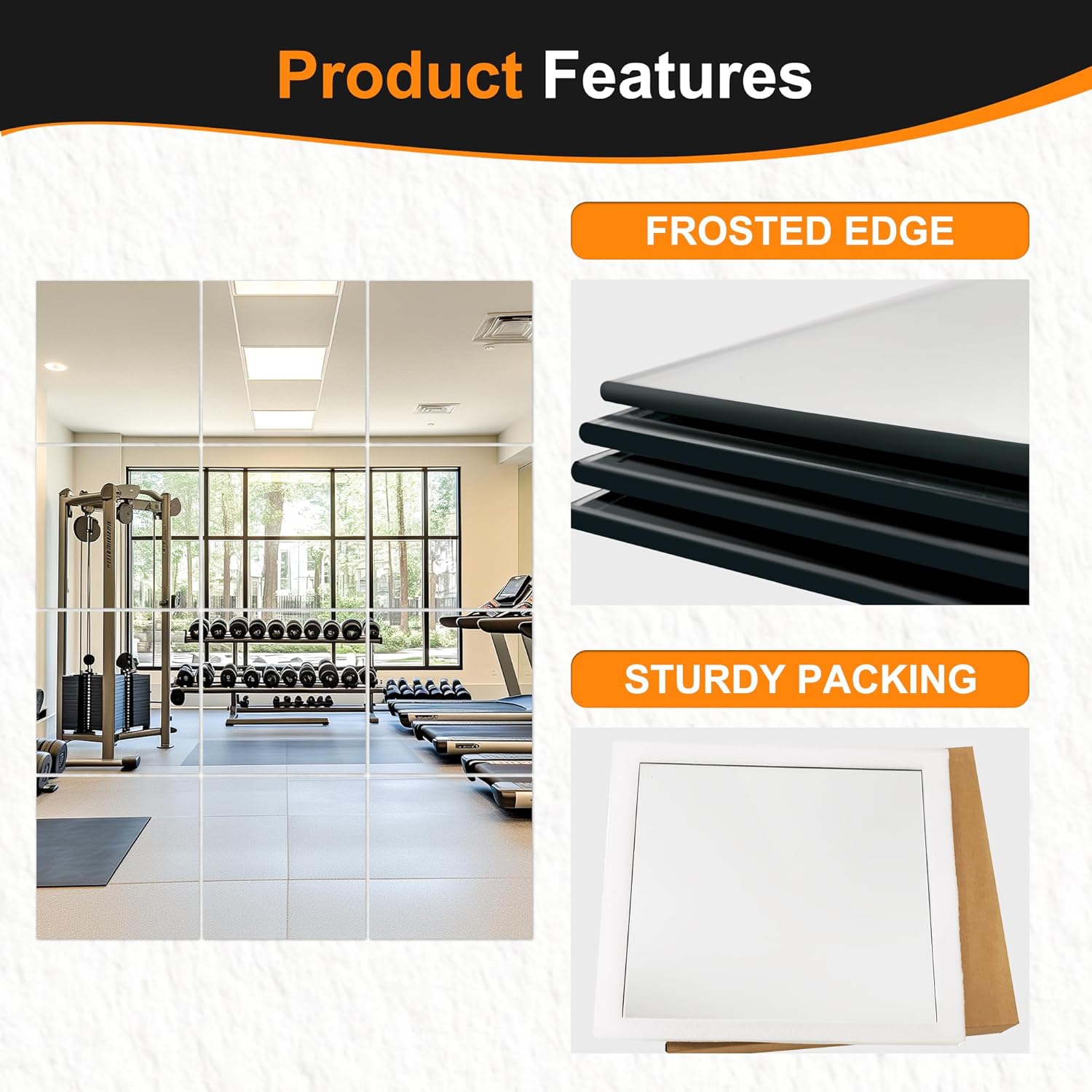 Delma Frameless Mirror Tiles 16"x12"x12 Pcs Wall Mounted, Shatter Resistant Full Length Tempered Glass Panels for Home Gym Bathroom Bedroom & Living Room Decor