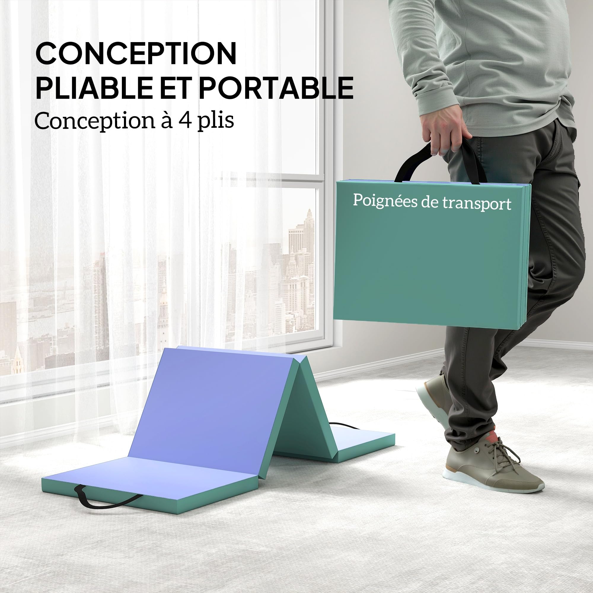 HOMCOM Tapis De Gymnastique Yoga Pilates Fitness Pliable En 4 Avec Poignées Revêtement Synthétique 180 X 80 X 5 Cm Bleu Clair | France