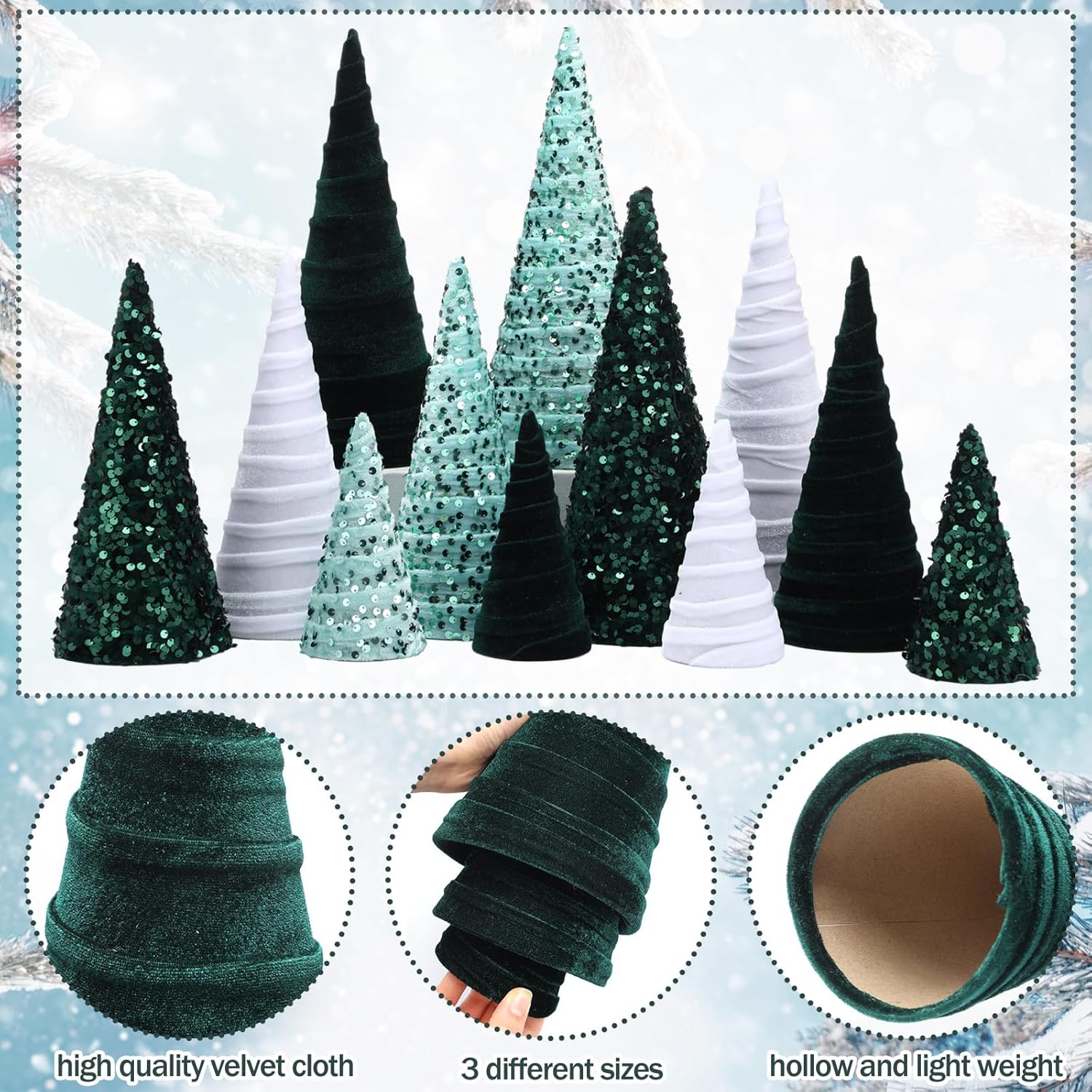ShinyRelief 12 Pcs 12" 10" 6" Christmas Velvet Cone Tree Decorations Mini Sequin Xmas Tree Cone Set for Christmas Winter Entryway Mantel Table Centerpiece Decor (Green, Light Green, White)