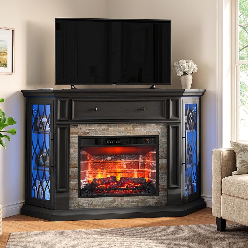 Corner TV Stand with Electric Fireplace for 65" TV, Black