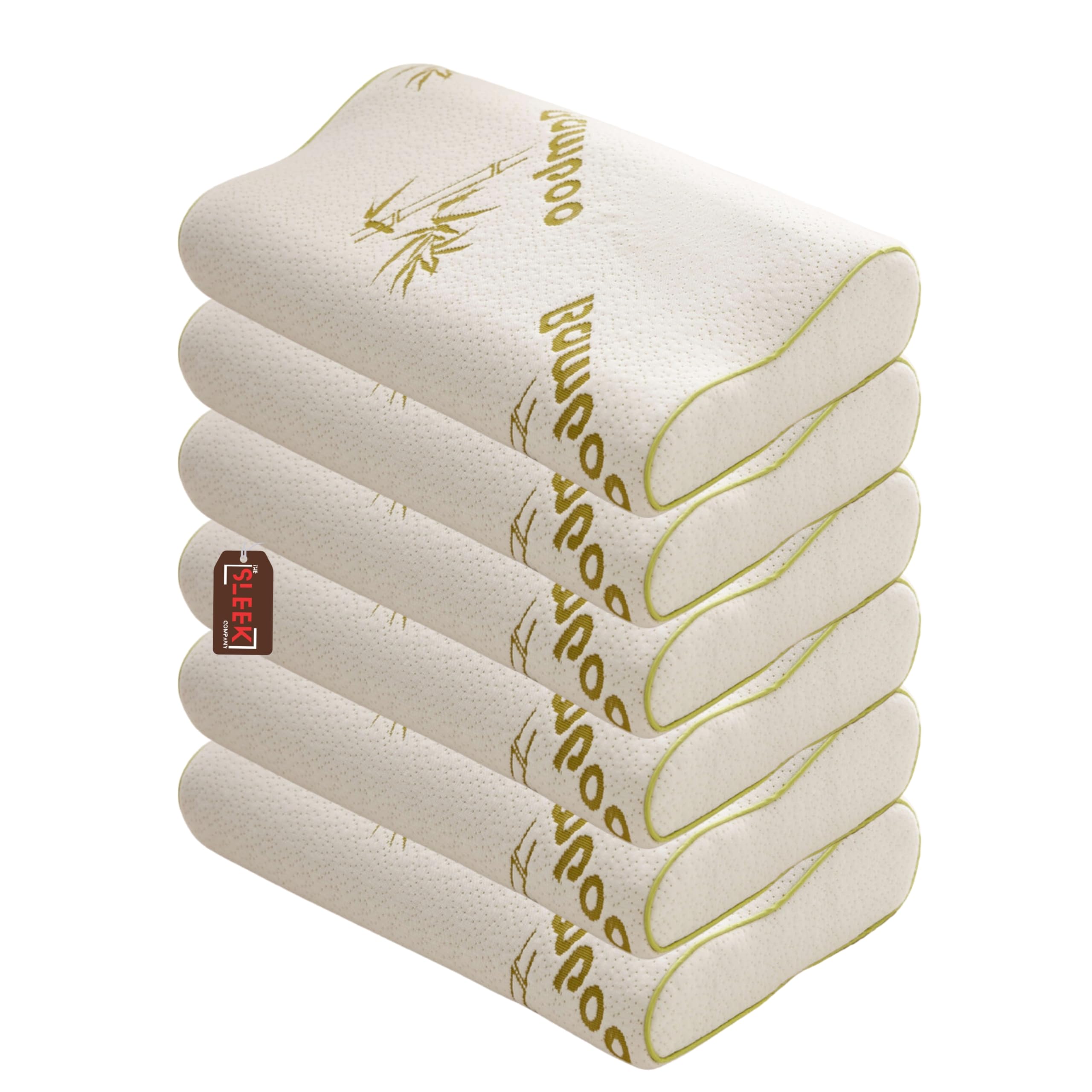 Luxury Large Contour Bamboo Memory Foam Pillow – Pack Of 6 – 35D Firm Foam with 240 GSM Bamboo Cover – Ergonomic Pillow for Neck And Shoulder Pain – Ideal Orthopedic Pillow for All Sleeping positions