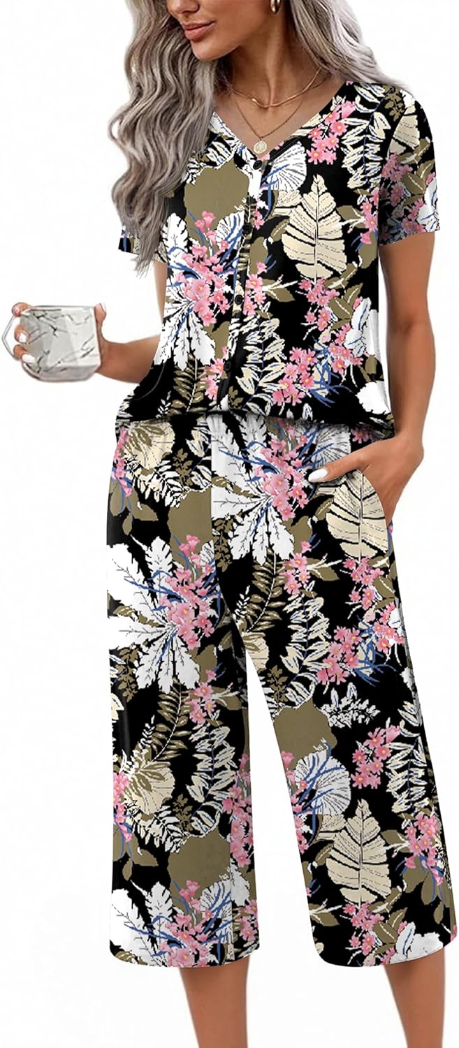 Ekouaer Women's Pajama Sets Short Sleeve Sleepwear Button Up Pj Loungewear Top and Capri Pants with Pockets