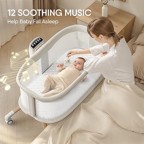 Miniatura 3 de Moisés eléctrico inteligente calmante para bebé con 5 velocidades de balanceo, 3 modos de temporizador, 12 músicas relajantes, 3 alturas ajustables,