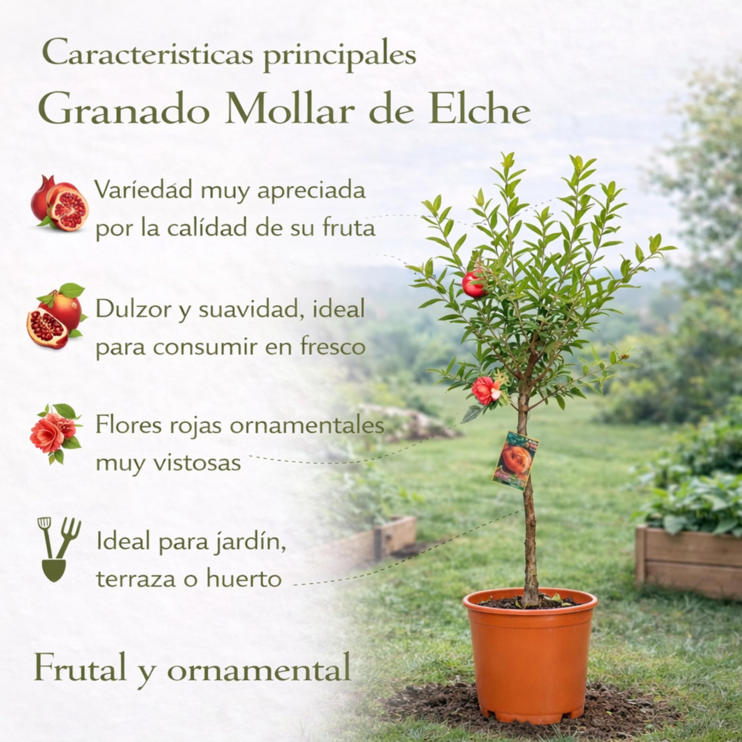 Granado Mollar de Elche en Maceta, 140 cm de alto, Árbol Frutal Exterior con Granadas Dulces, Planta Natural para Jardín Terraza Huerto, Arbol Ornamental Fácil Cultivo. Granado