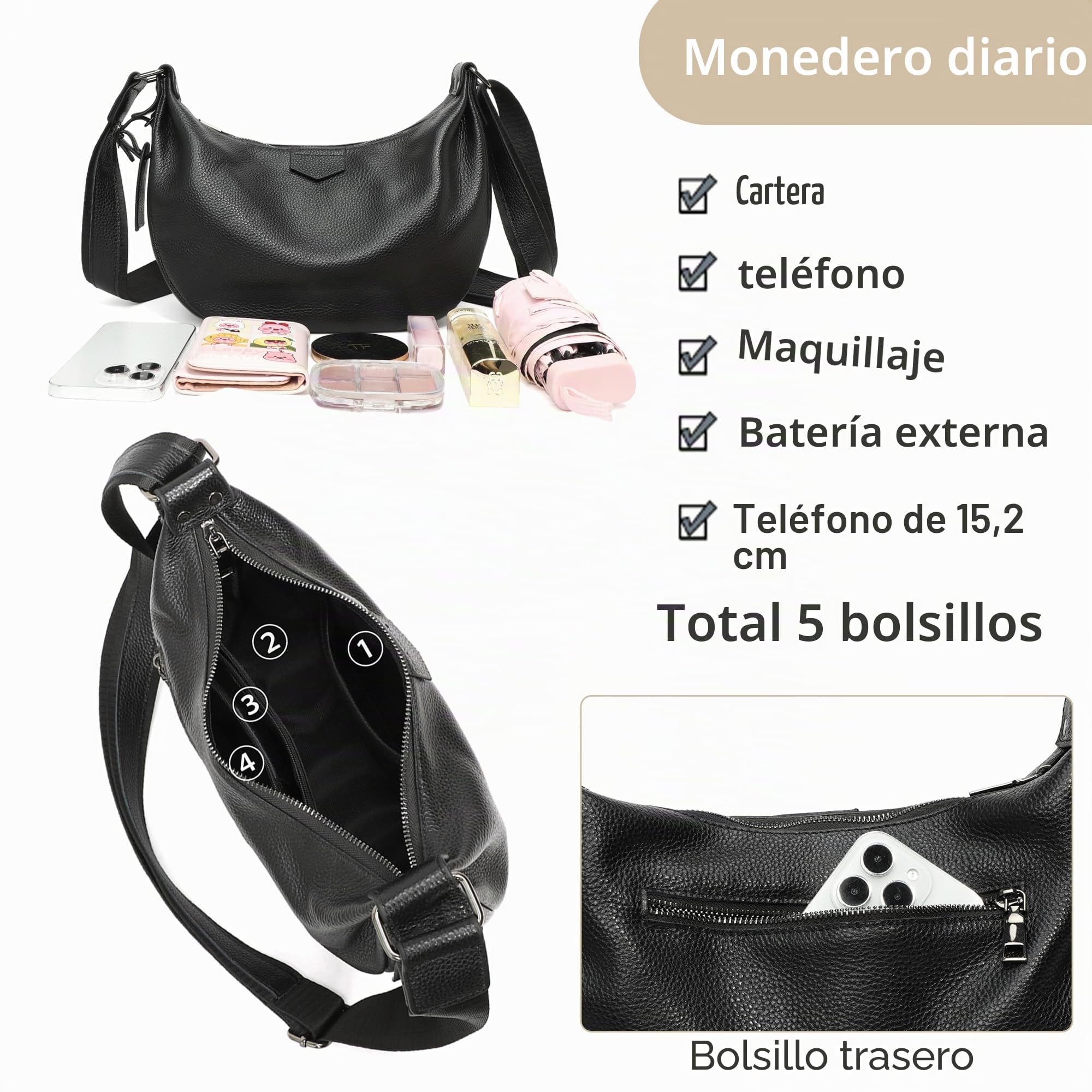 Micmores Bolso Bandolera de Cuero Auténtico para Mujer Tamaño Mediano - Bolso Cruzado con Correa Ajustable - Bolso de Hombro Media Luna para Trabajo, Viajes y Uso Diario