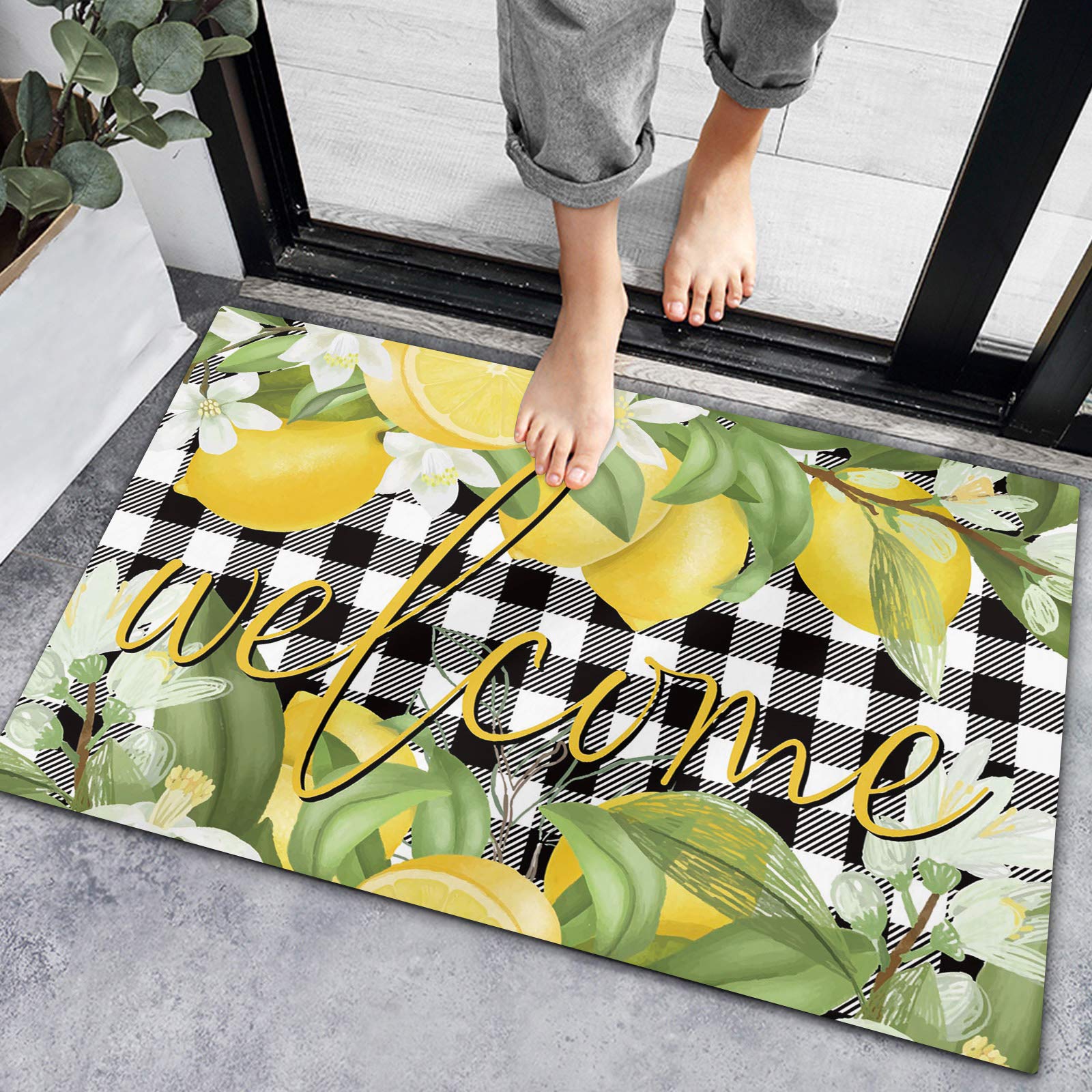 Welcome Door Mat Summer Yellow Lemon Green Leaf Floral Black White Grid Welcome Rugs Outdoor Entryway Cute Doormat for Front Doormat Indoor Non Slip