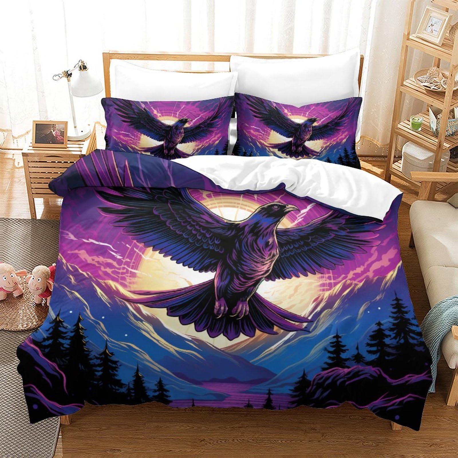 Housse de couette Aigle 3D 260x220 cm avec 2 taies d'oreiller en microfibre pour lit Super King