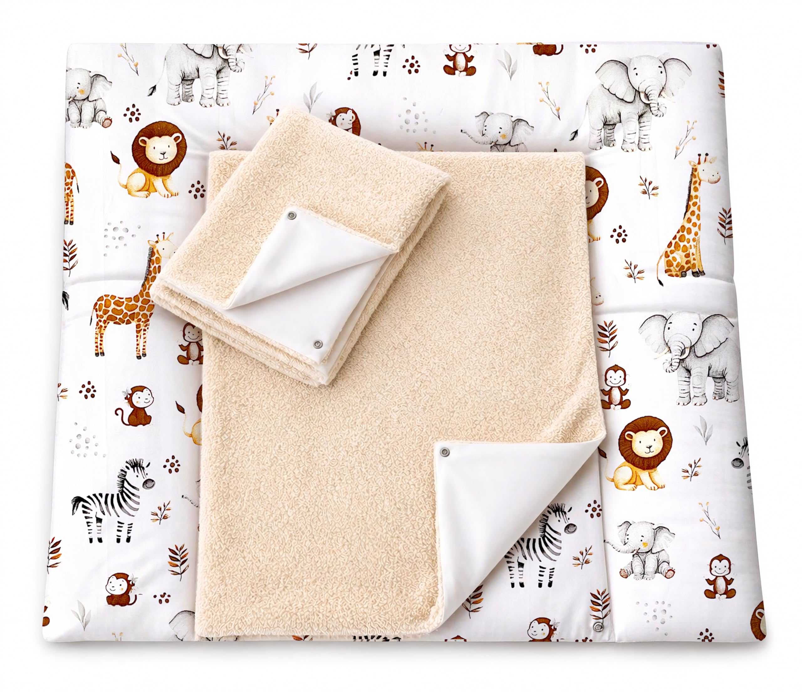 Wickelauflage mit 2 wasserfesten Frotteebezügen – 3-teiliges Set mit Druckknöpfen – Baby Wickelunterlage - Wickeltischauflage aus Baumwolle – 85x75 cm (Breite x Tiefe), ZOO