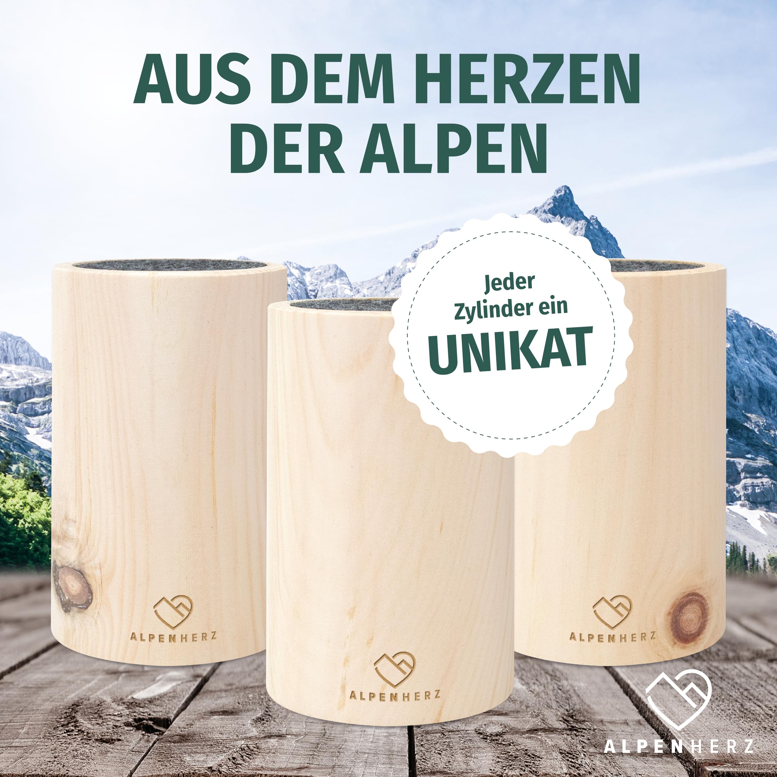Alpenherz Diffuser Set mit Zirbenöl 10 ml - Naturrein aus Österreich - Zirbenholz Würfel mit Filz Duftspender Schönes Zirbelkiefer Set als Deko