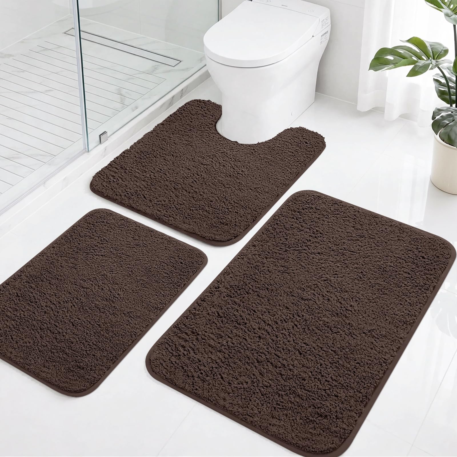 LUSCHEER 3 Piece Bath Mat Set, Shaggy Microfiber Bathroom Mats, Brown