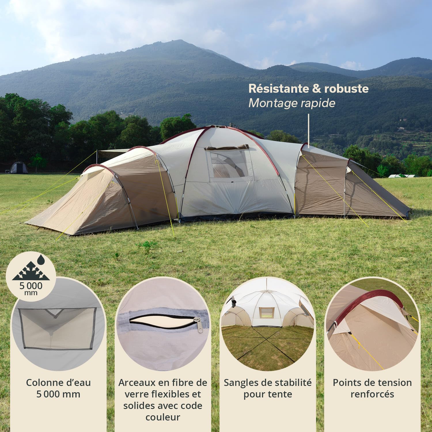 Skandika Tente dôme Korsika/Turin pour 9-12 Personnes | Grande Tente de Camping, 3 cabines, avec/sans Sleeper Technology, Hauteur 200 cm, Colonne d'eau 5000 mm | Outdoor
