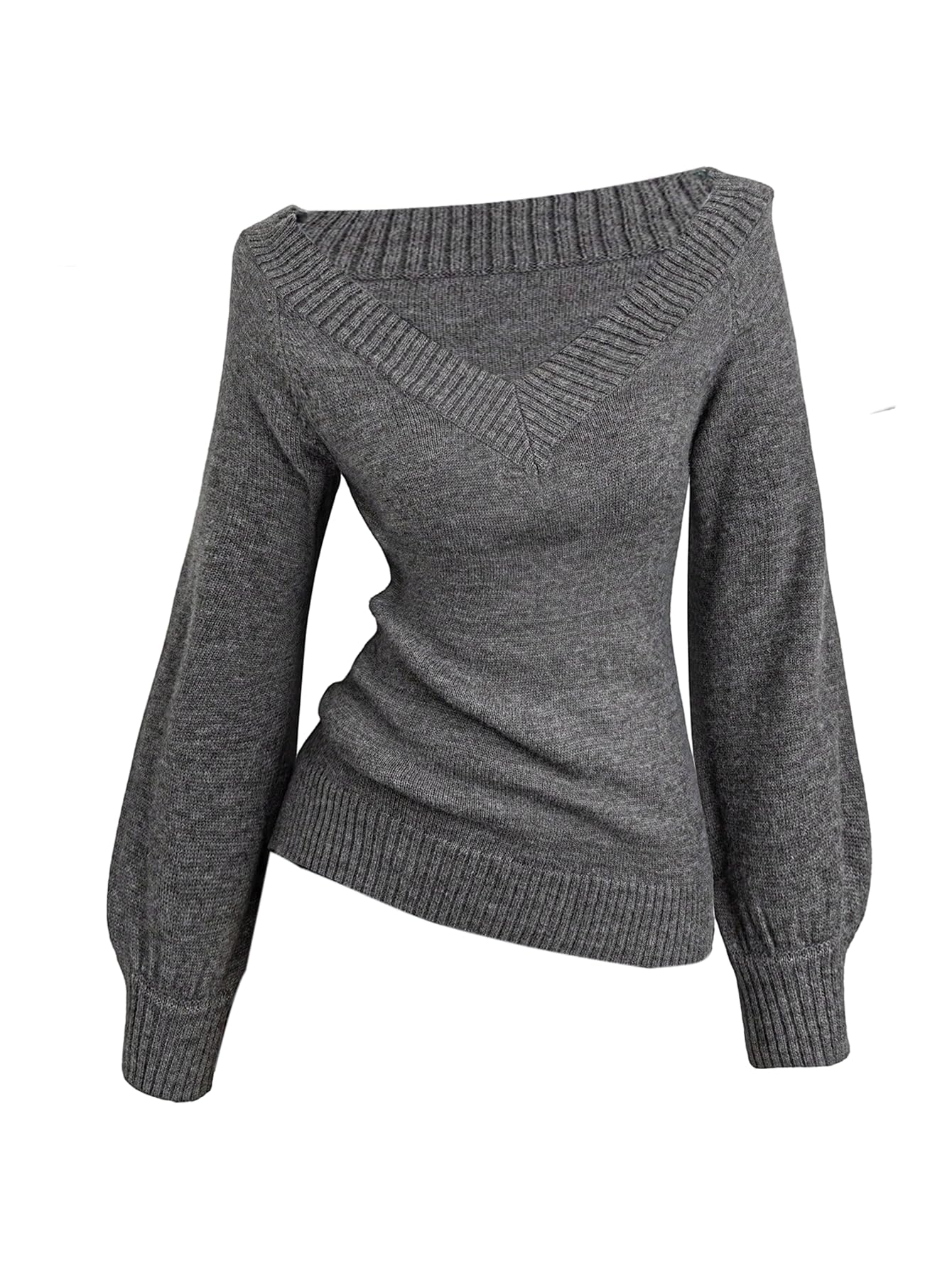 WDIRARA Womens Plus Size V Neck Sweaters Long Lantern Sleeve Pullover Knit Tops