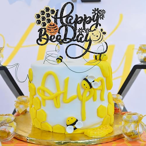 Miniatura 7 de Gyufise 1 decoración para pastel con flor de panal de abeja con purpurina de abejorros para pastel de cumpleaños para temática de abejas, baby