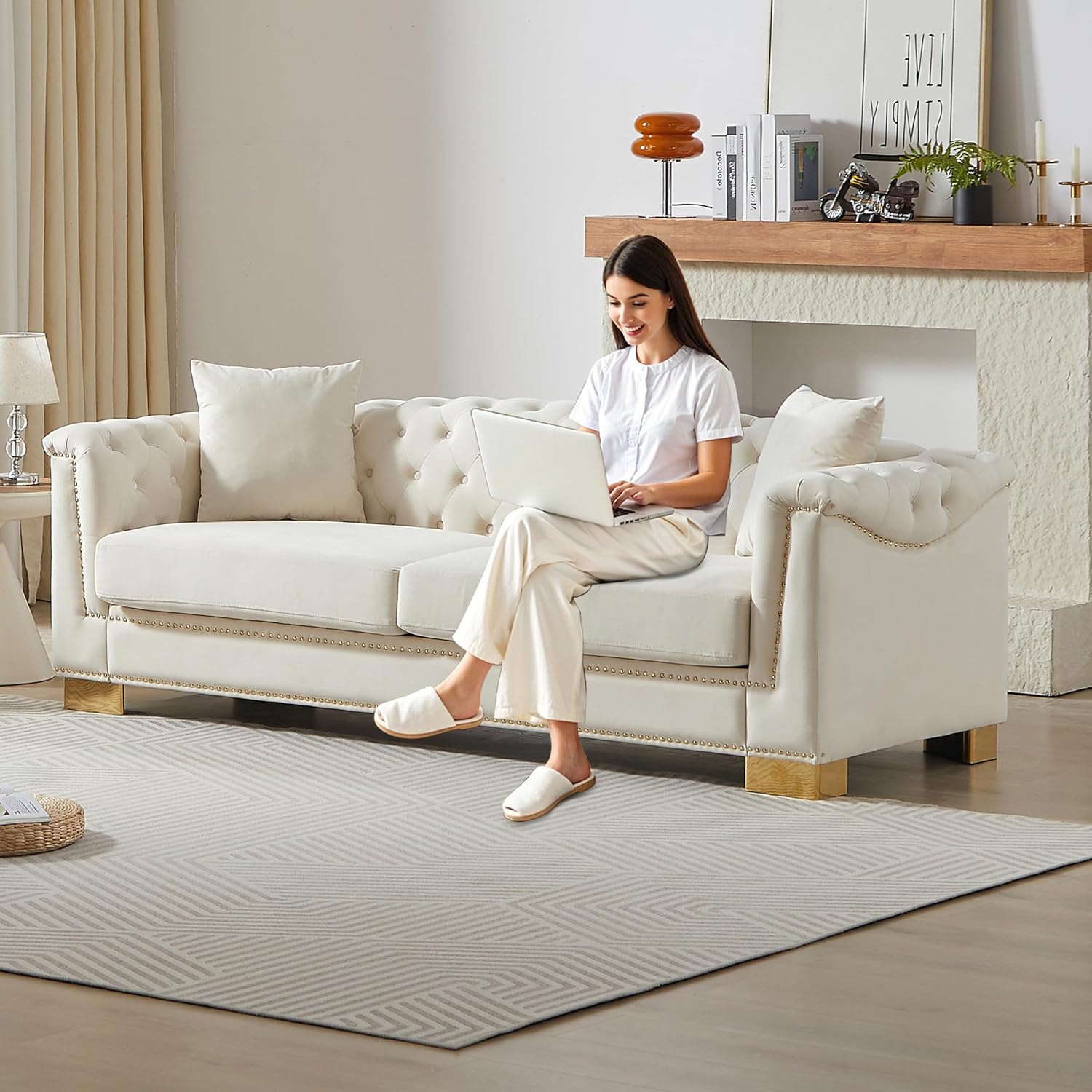 2 Pieces Chesterfield 84" 3-Seater + 62" Loveseat Beige Velvet Sofa Sets, 4 Cushion Classic 6.5" Rolled Arm Modern Couch Suitable for Living Room
