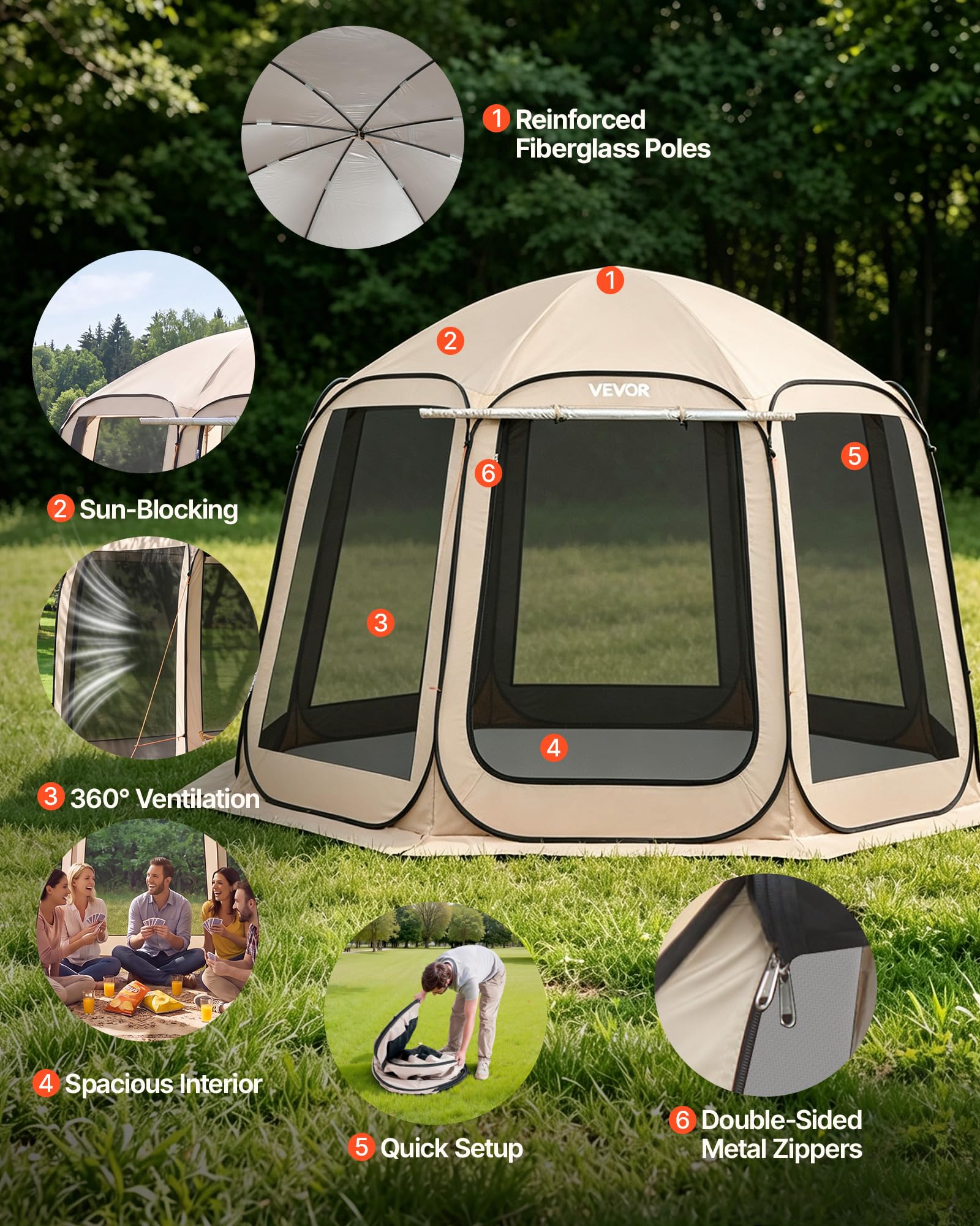 VEVOR Tenda da Campeggio Trasparente con Finestra 3660 x 3380 x 2300 mm per 10-12 Persone con Tendalino Esteso, con Borsa per il Trasporto, Lati in Rete, per Patio e Attività all'Aperto, Beige