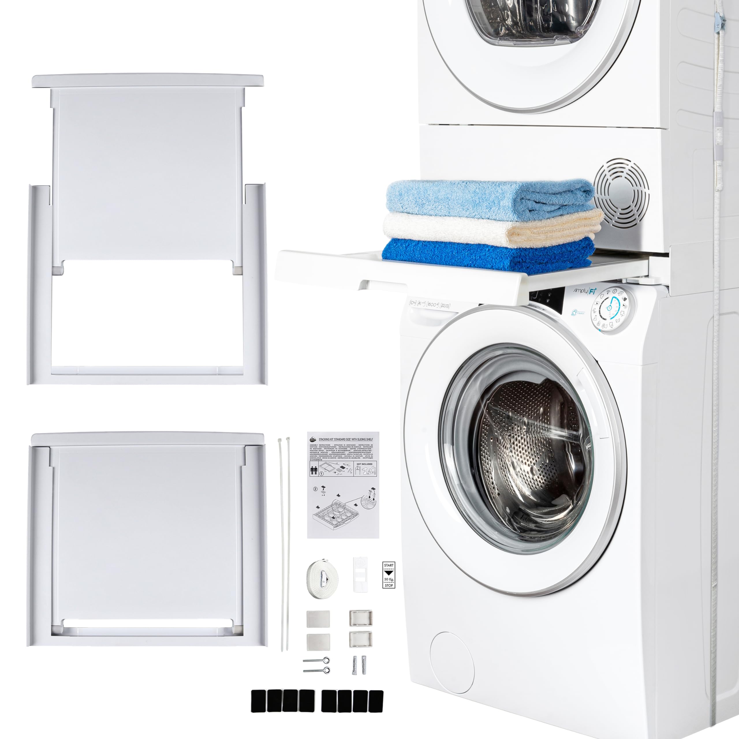 C+P Kit de Unión Universal con Estante Deslizable para Lavadoras y Secadoras, Apto para Lavadoras con Profundidad de 47-62 cm, Fácil de Instalar, Blanco, Lavadoras con Panel Recto