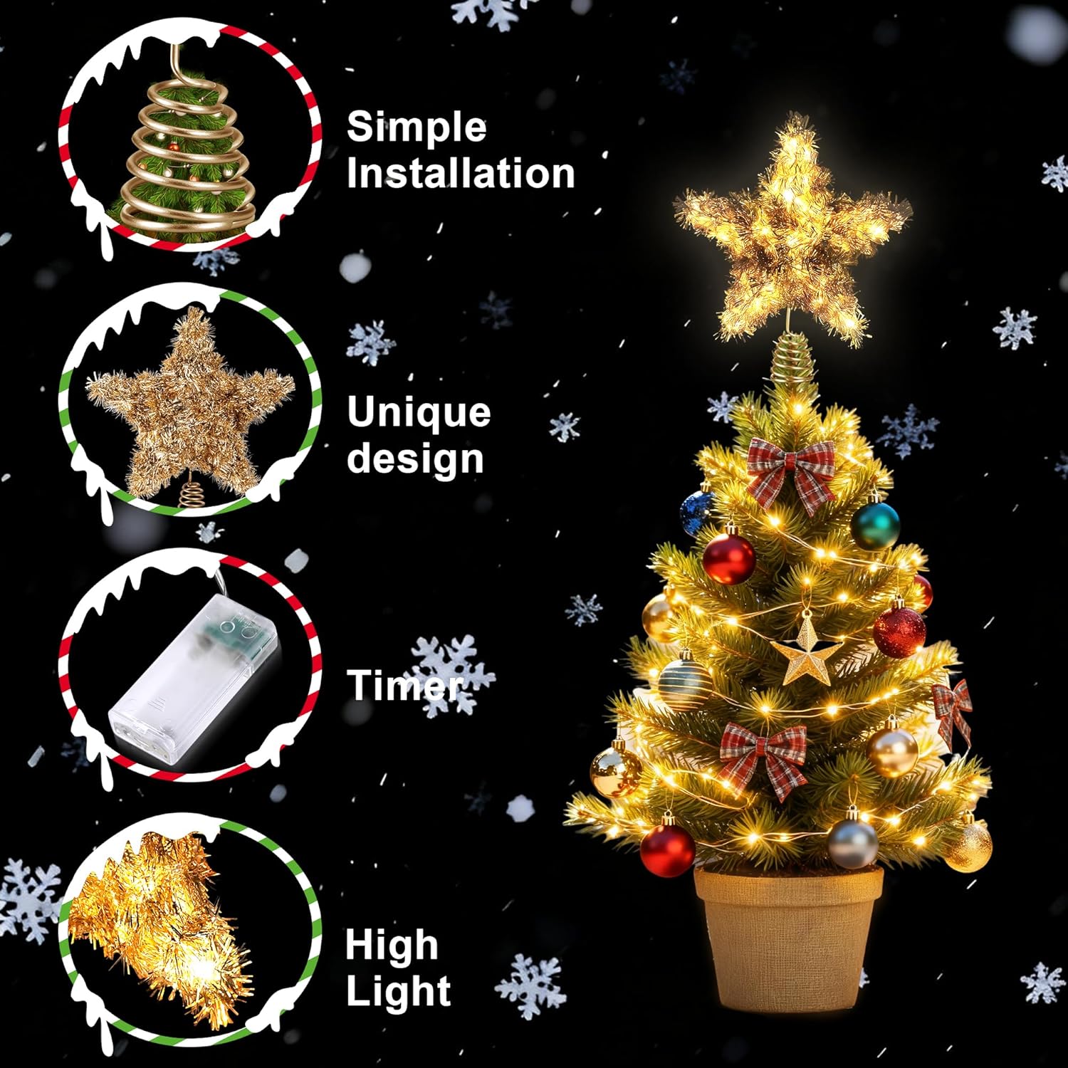 LAWOHO Christmas Tree Topper Star, Vintage Christmas Decor, Mini Shiny Golden 6 Inch Christmas Tree Decoration with 6H Timer, 20 Warm Lights for Xmas Tree, Holiday & Party, Indoor Home