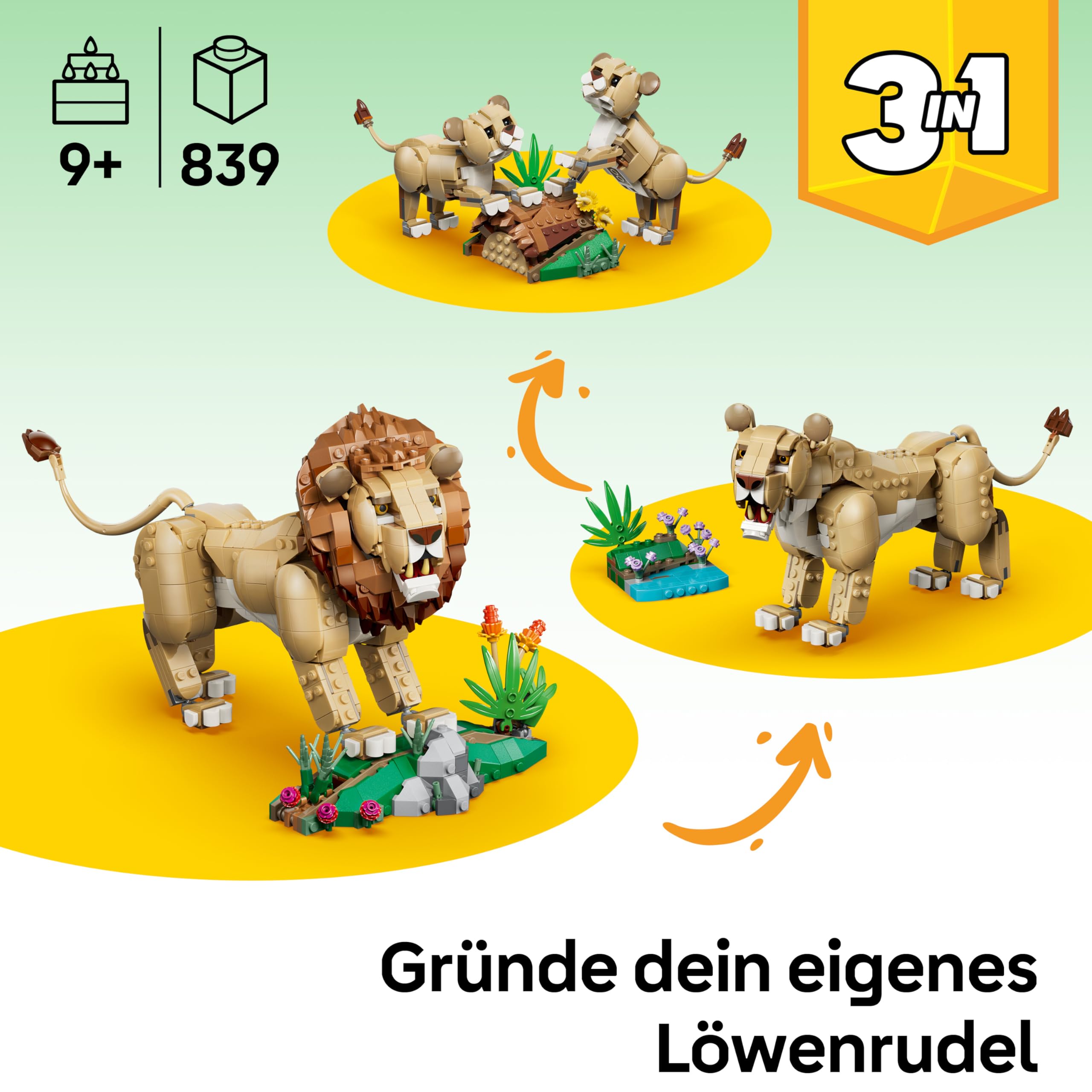 LEGO Creator 3-in-1-Set Wilde Tiere: Majestätischer Löwe - Bauset für Kinder ab 9 Jahren - Löwe, Löwin oder 2 Löwenjunge zum Bauen, Spielen und Ausstellen - Geschenk - 31386