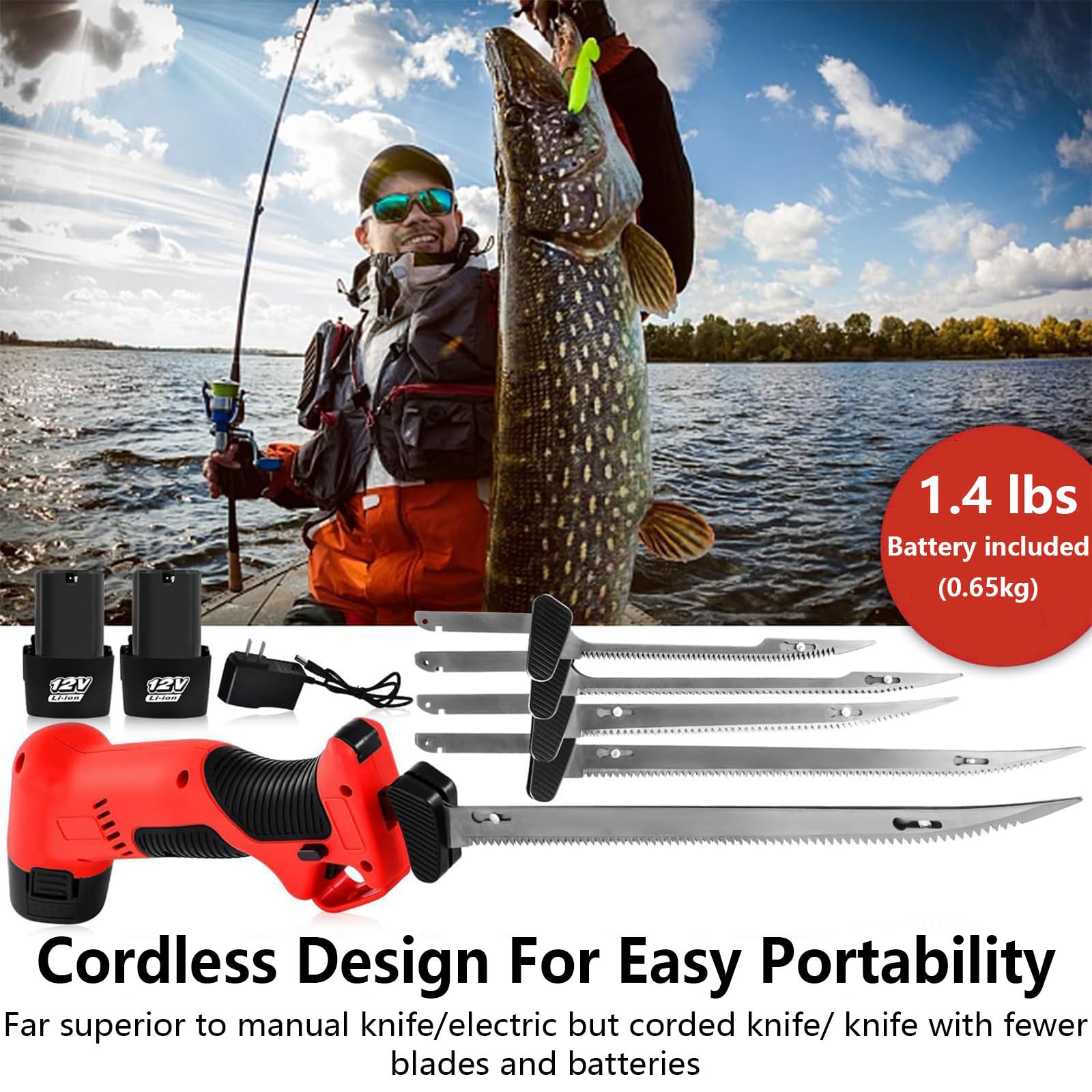 Cuchillo de filete eléctrico, Cuchillo alimentado por batería, Cuchillas alternativas de 12 V Cuchillo de pan serrado con mango antideslizante con 4 cuchillas y 2 baterías para el hogar,picnic