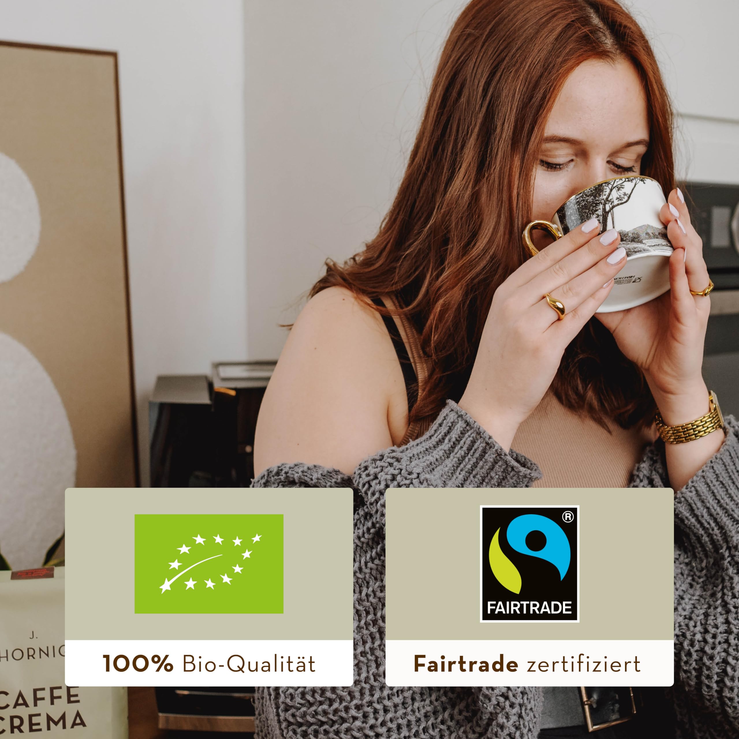 J. Hornig Kaffeebohnen Bio & Fairtrade, Caffè Crema Bio, 6x1kg Vorratspackung, Arabica & Robusta, säurearmer Kaffee mit Noten von Kakao & dunkler Schokolade, Stärke 4/5