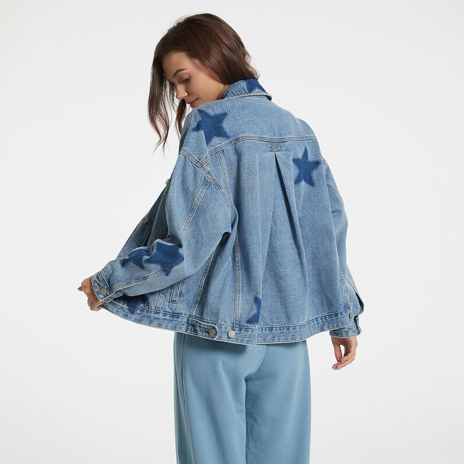 D-Sun Women Casual Denim Jacket Oversized Leopard Stars Printed Boyfriend Vintage Jean Jacket Coat with Pockets - Image 7