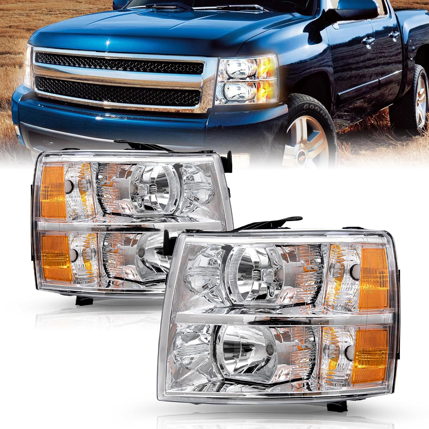 TUSDAR Fits for 2007-2013 Chevy Silverado 1500/2007-2014 Silverado 2500HD 3500HD Headlights Assembly Pair Set No Fogging OE Style Factory Replacement Chrome Housing & Amber Reflector