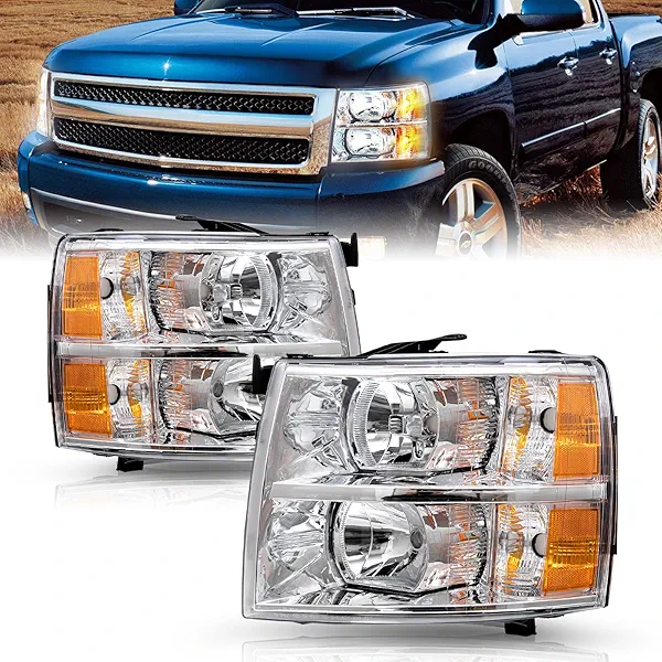 TUSDAR Fits for 2007-2013 Chevy Silverado 1500/2007-2014 Silverado 2500HD 3500HD Headlights Assembly Pair Set No Fogging OE Style Factory Replacement Chrome Housing & Amber Reflector