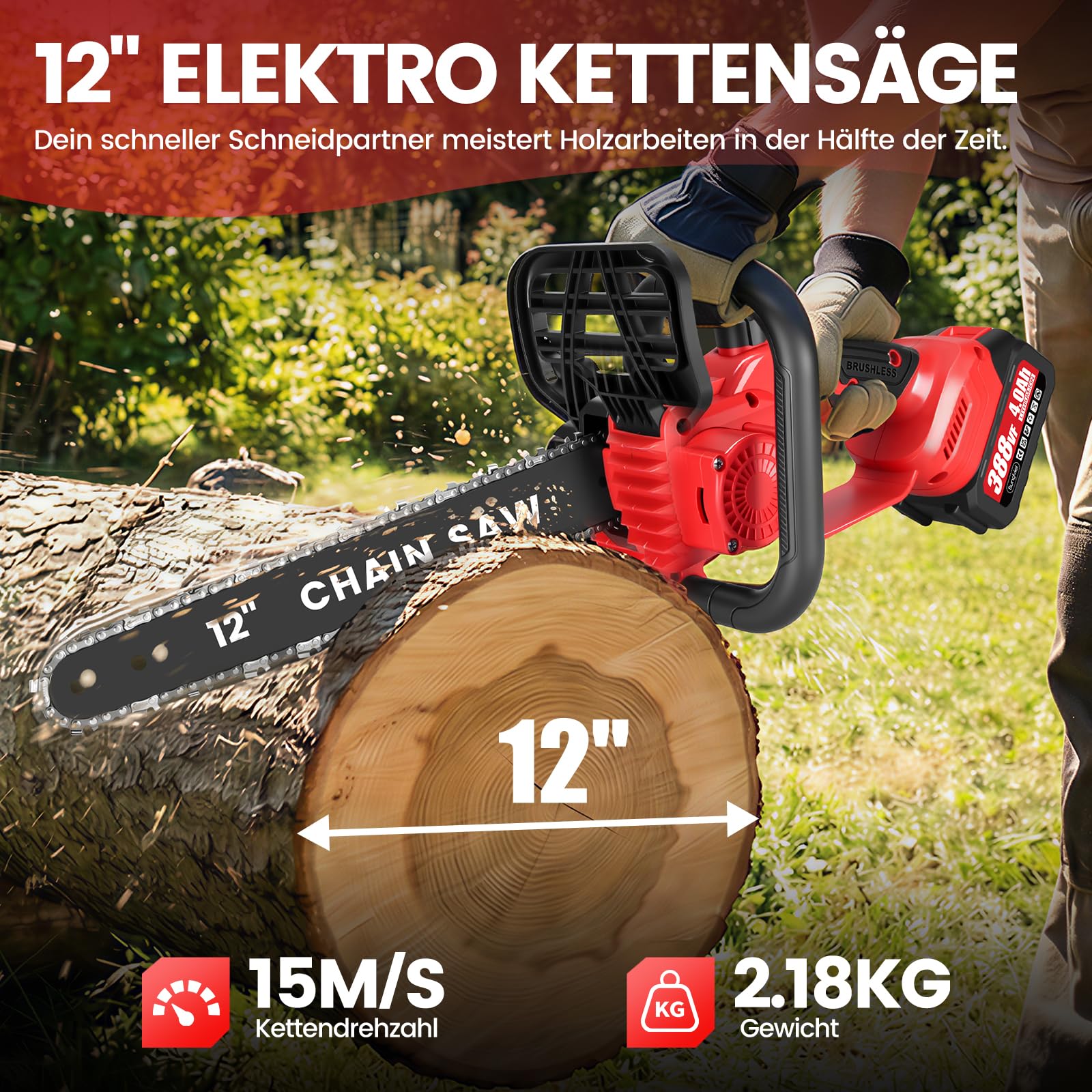 Akku Kettensäge Kompatibel mit Makita Akku, 12 Zoll Astsäge Akku Bürstenlosem Motor mit 2×4Ah, 2 Ersatzketten, Elektro-Kettensäge mit Autom. Kettenschmierung, ideal für Gartenholz & Äste